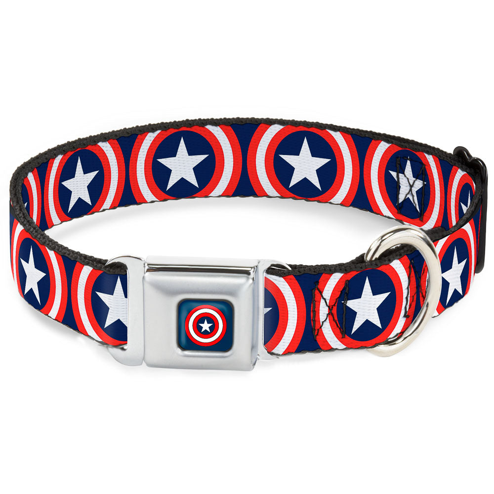 MARVEL COMICS Captain America Shield Full Color Navy Seatbelt Buckle Collar - Captain America Shield Repeat Navy Dog Collars Seatbelt Buckle Marvel Comics