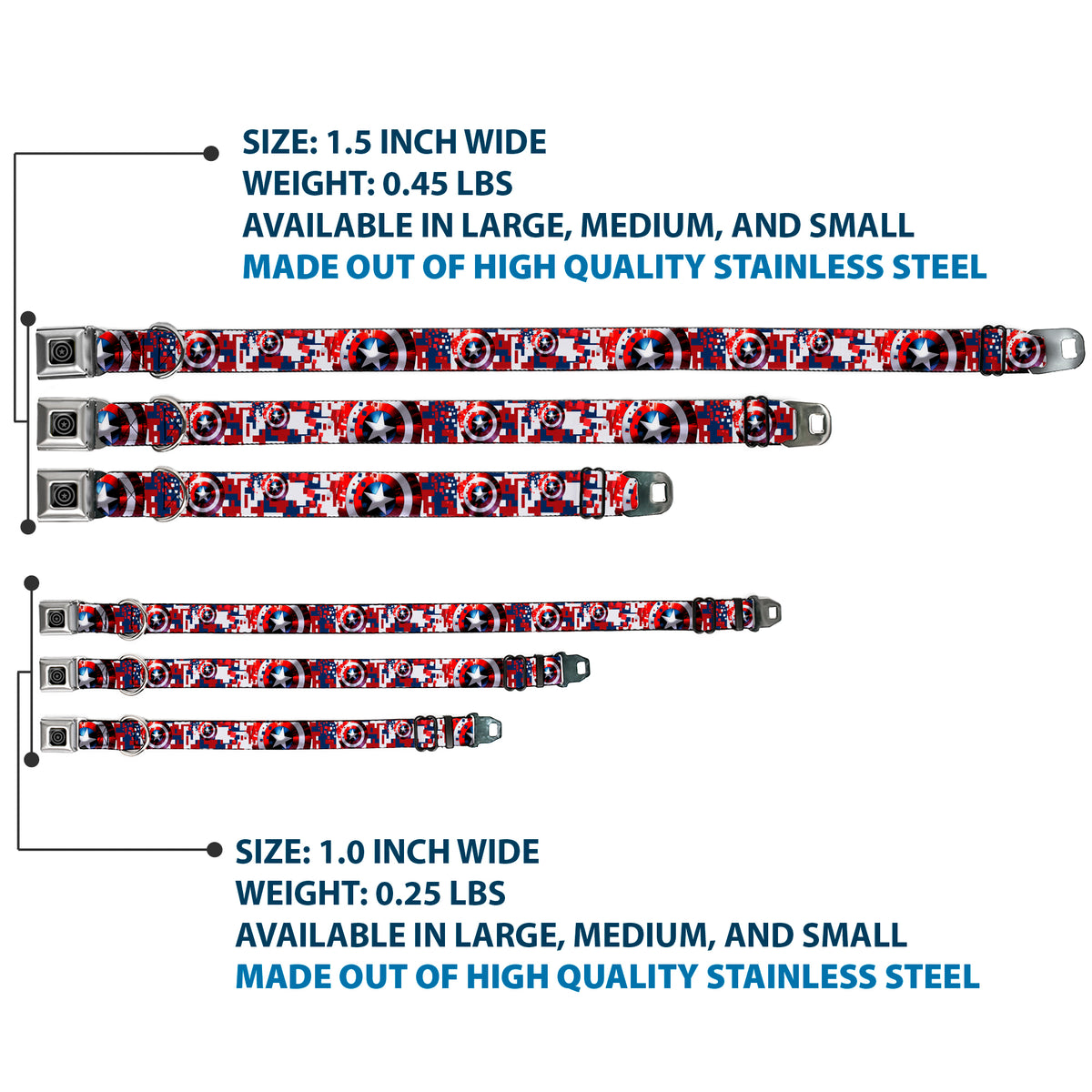 MARVEL AVENGERS Captain America Shield Black Silver Seatbelt Buckle Collar - Captain America Shield Digital Camo Blue/White/Red Dog Collars Seatbelt Buckle Marvel Comics