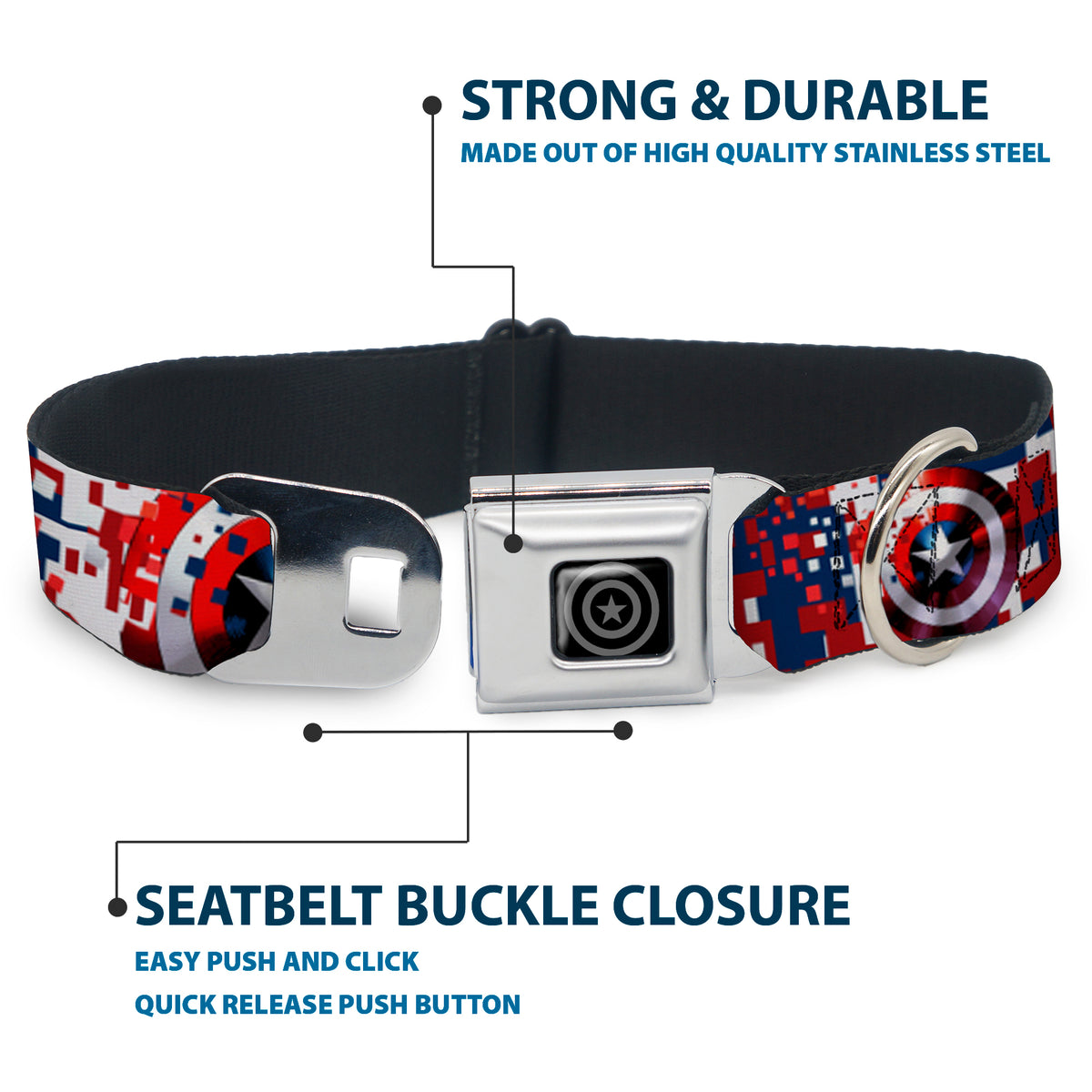 MARVEL AVENGERS Captain America Shield Black Silver Seatbelt Buckle Collar - Captain America Shield Digital Camo Blue/White/Red Dog Collars Seatbelt Buckle Marvel Comics