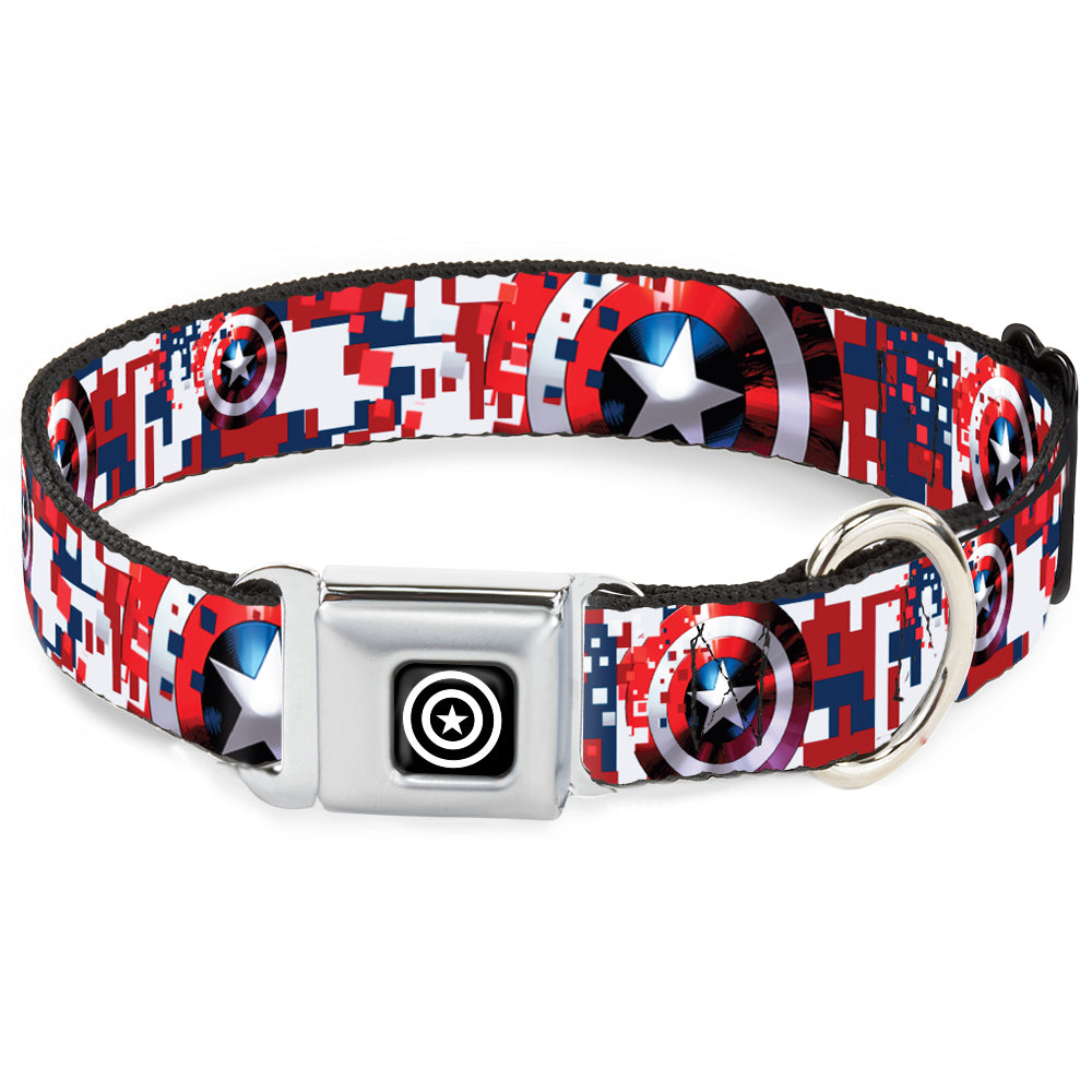 MARVEL AVENGERS Captain America Shield Black Silver Seatbelt Buckle Collar - Captain America Shield Digital Camo Blue/White/Red Dog Collars Seatbelt Buckle Marvel Comics