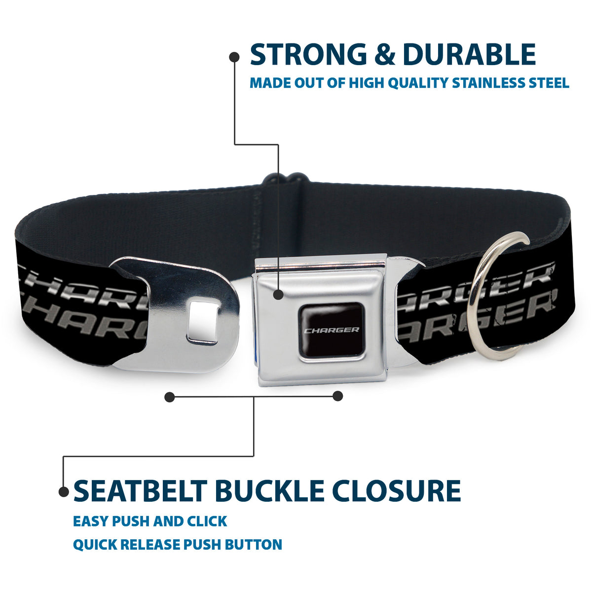 CHARGER Text Black Silver Seatbelt Buckle Collar - CHARGER Double Repeat Black/Gray Dog Collars Seatbelt Buckle Dodge