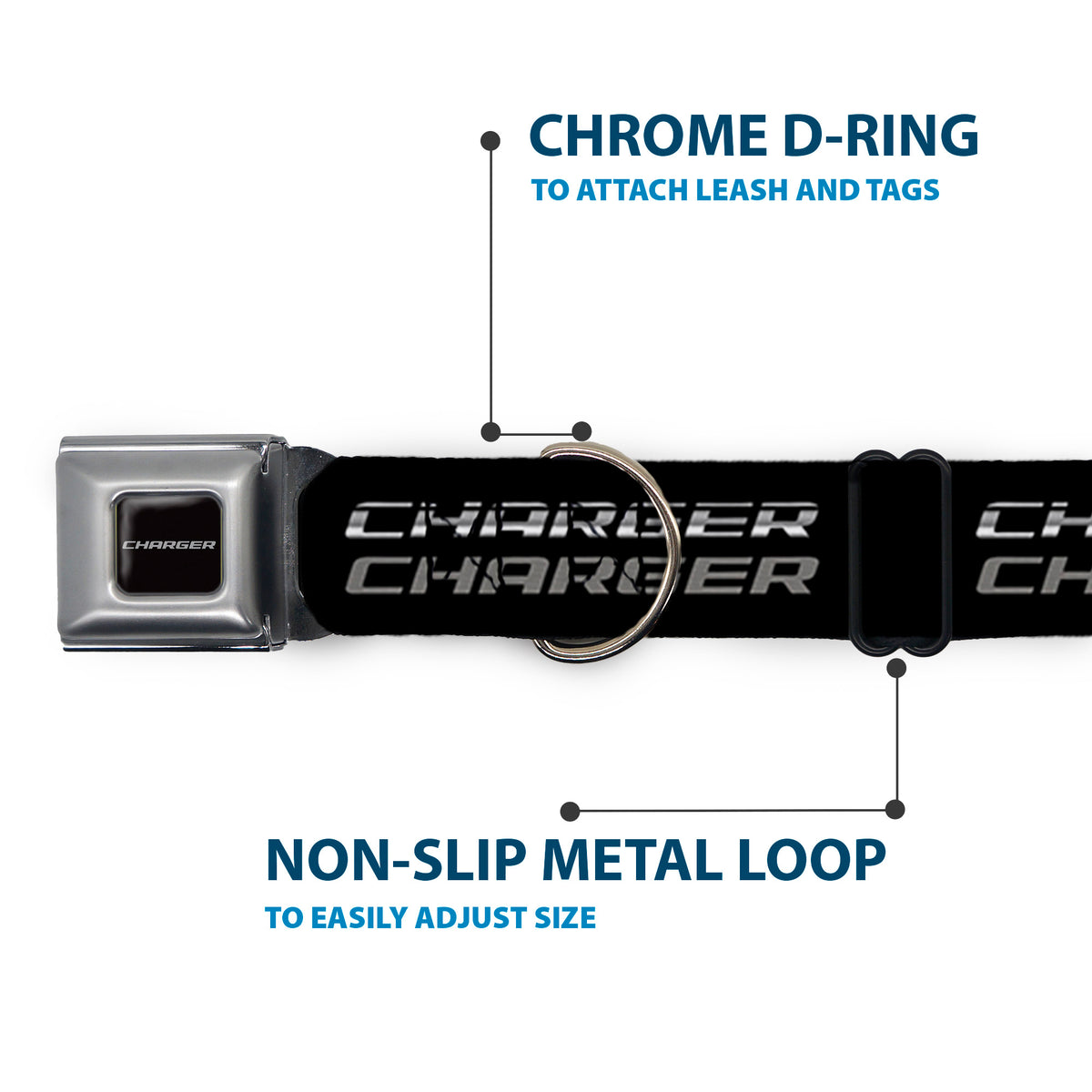 CHARGER Text Black Silver Seatbelt Buckle Collar - CHARGER Double Repeat Black/Gray Dog Collars Seatbelt Buckle Dodge