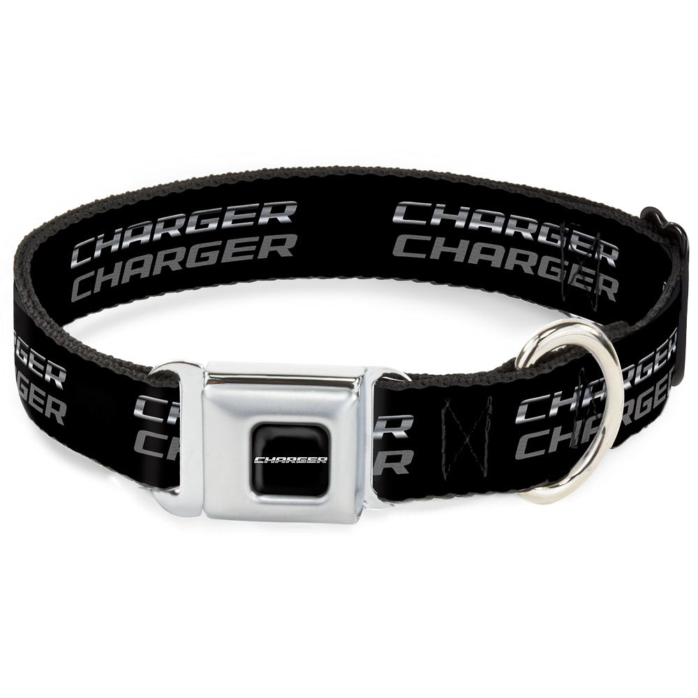 CHARGER Text Black Silver Seatbelt Buckle Collar - CHARGER Double Repeat Black/Gray Dog Collars Seatbelt Buckle Dodge