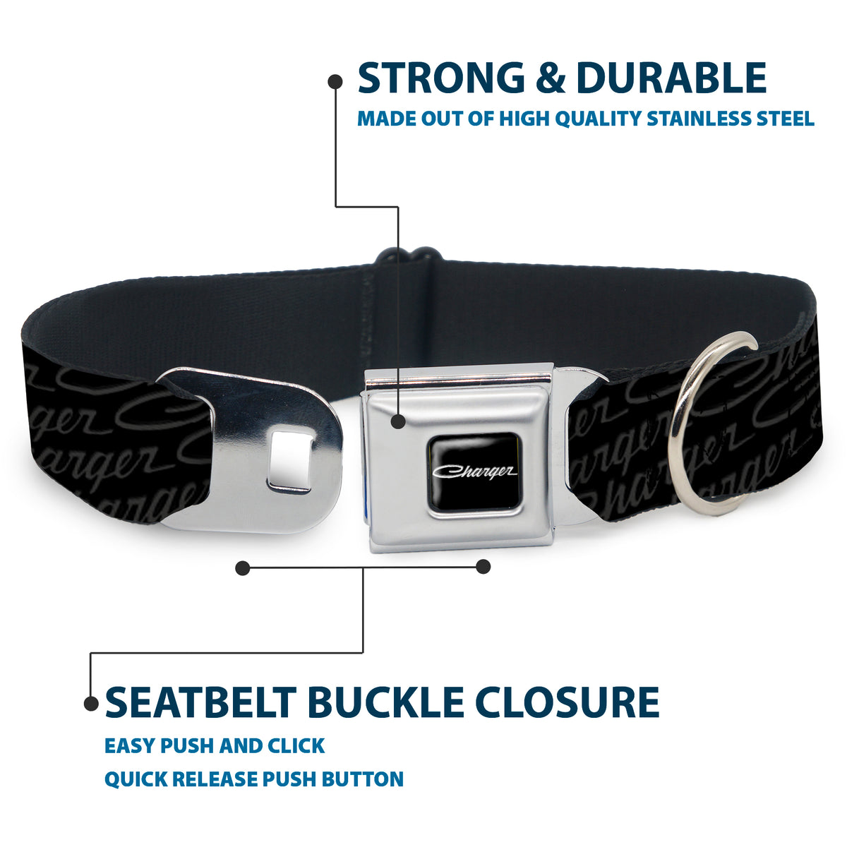 CHARGER Script Emblem Corner Full Color Black/Silver Fade/White Seatbelt Buckle Collar - CHARGER Script Emblem Repeat Black/Grays Dog Collars Seatbelt Buckle Dodge