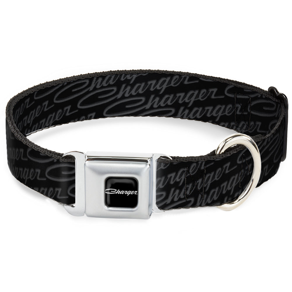 CHARGER Script Emblem Corner Full Color Black/Silver Fade/White Seatbelt Buckle Collar - CHARGER Script Emblem Repeat Black/Grays Dog Collars Seatbelt Buckle Dodge