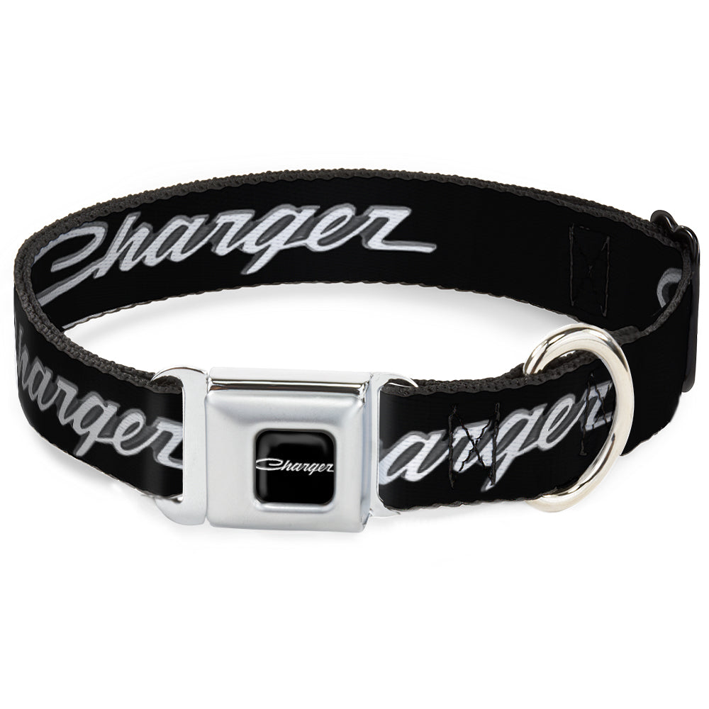 CHARGER Script Emblem Corner Full Color Black/Silver Fade/White Seatbelt Buckle Collar - CHARGER Script Emblem Corner Black/Silver Fade/White Dog Collars Seatbelt Buckle Dodge