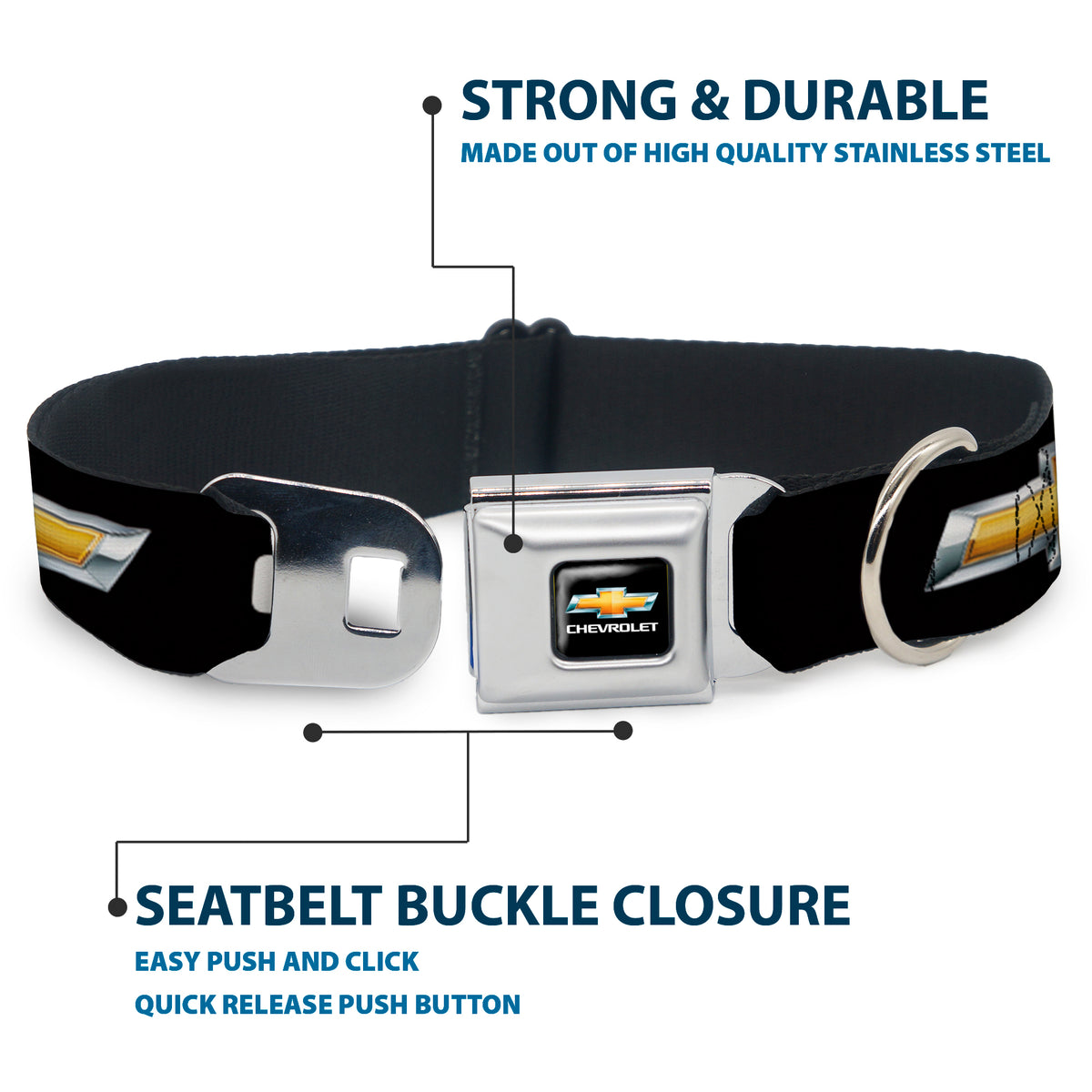 Chevy Bowtie Full Color Black Gold Seatbelt Buckle Collar - Chevy Bowtie Black/Gold Logo REPEAT Dog Collars Seatbelt Buckle GM General Motors