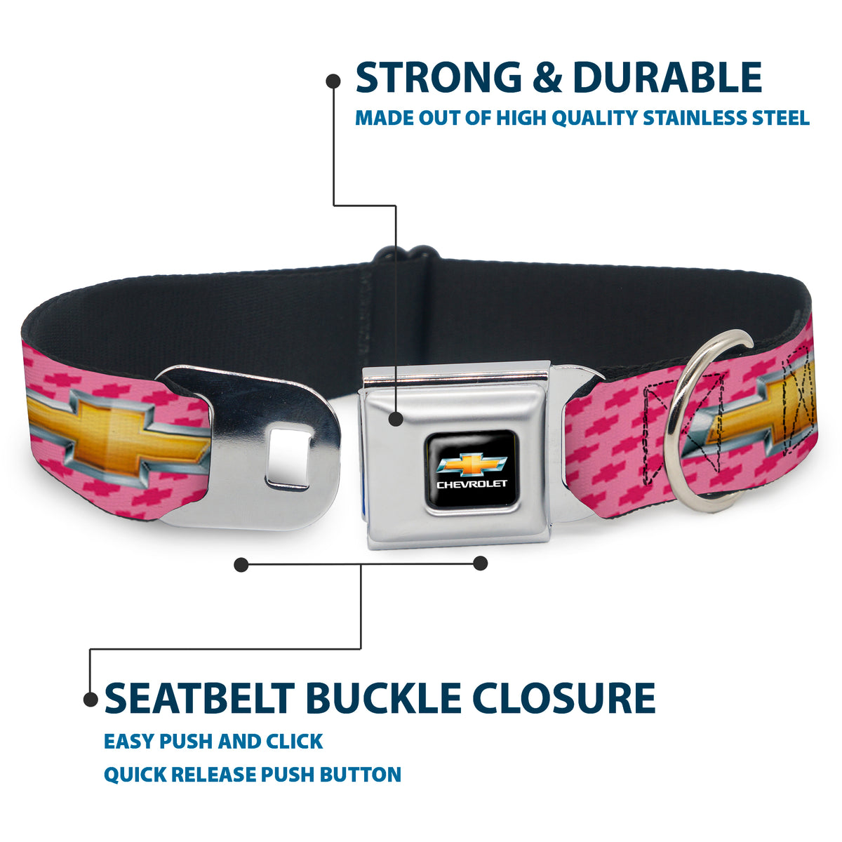 Chevy Bowtie Full Color Black Gold Seatbelt Buckle Collar - Chevy Gold Bowtie w/Logo PINK Dog Collars Seatbelt Buckle GM General Motors