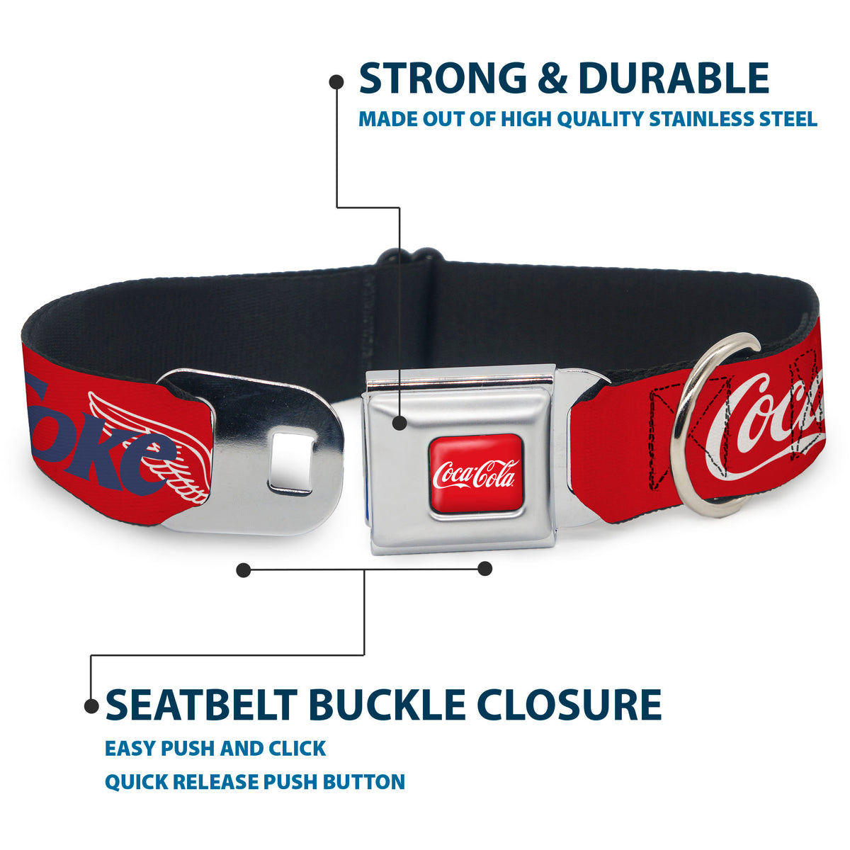 COCA-COLA Script Logo Full Color Red/White Seatbelt Buckle Collar - COCA-COLA ENJOY COKE Bottle in Hand Wings Logo Red/White/Blue Dog Collars Seatbelt Buckle Coca-Cola