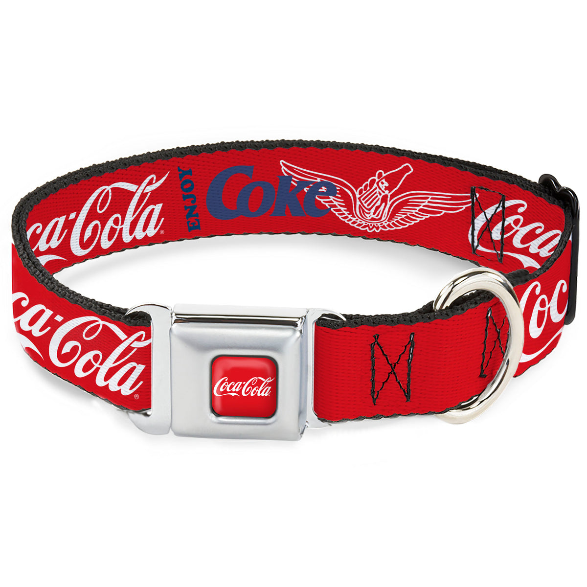 COCA-COLA Script Logo Full Color Red/White Seatbelt Buckle Collar - COCA-COLA ENJOY COKE Bottle in Hand Wings Logo Red/White/Blue Dog Collars Seatbelt Buckle Coca-Cola