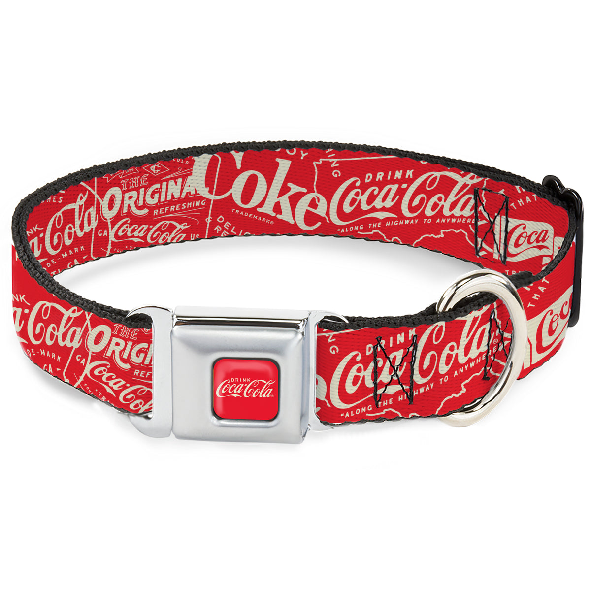 DRINK COCA-COLA Logo Full Color Red/White Seatbelt Buckle Collar - Vintage Coca-Cola Coke Icons and Ad Logos Red/White Dog Collars Seatbelt Buckle Coca-Cola