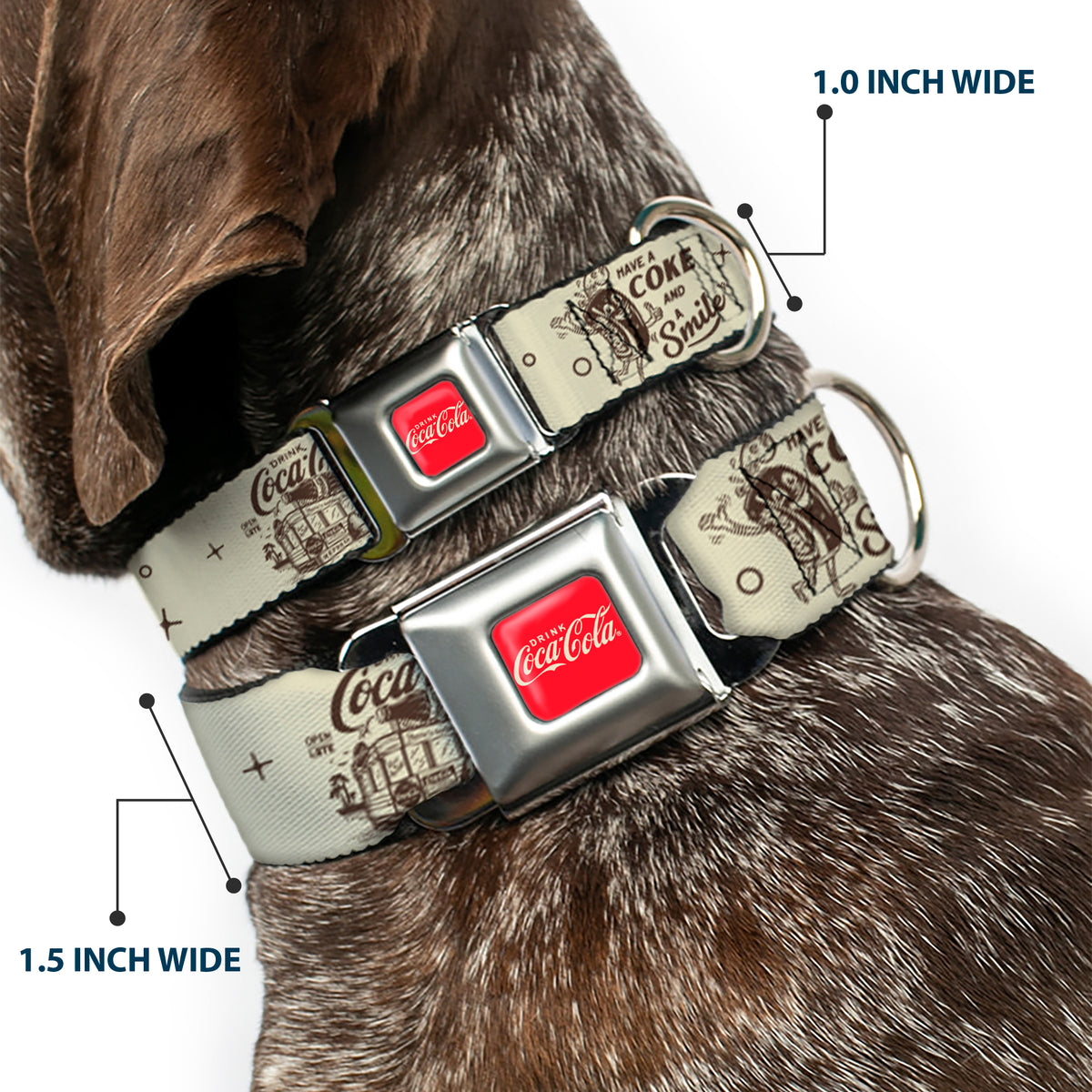 DRINK COCA-COLA Logo Full Color Red/White Seatbelt Buckle Collar - Vintage Coca-Cola Coke Icons and Ad Logos White/Brown Dog Collars Seatbelt Buckle Coca-Cola