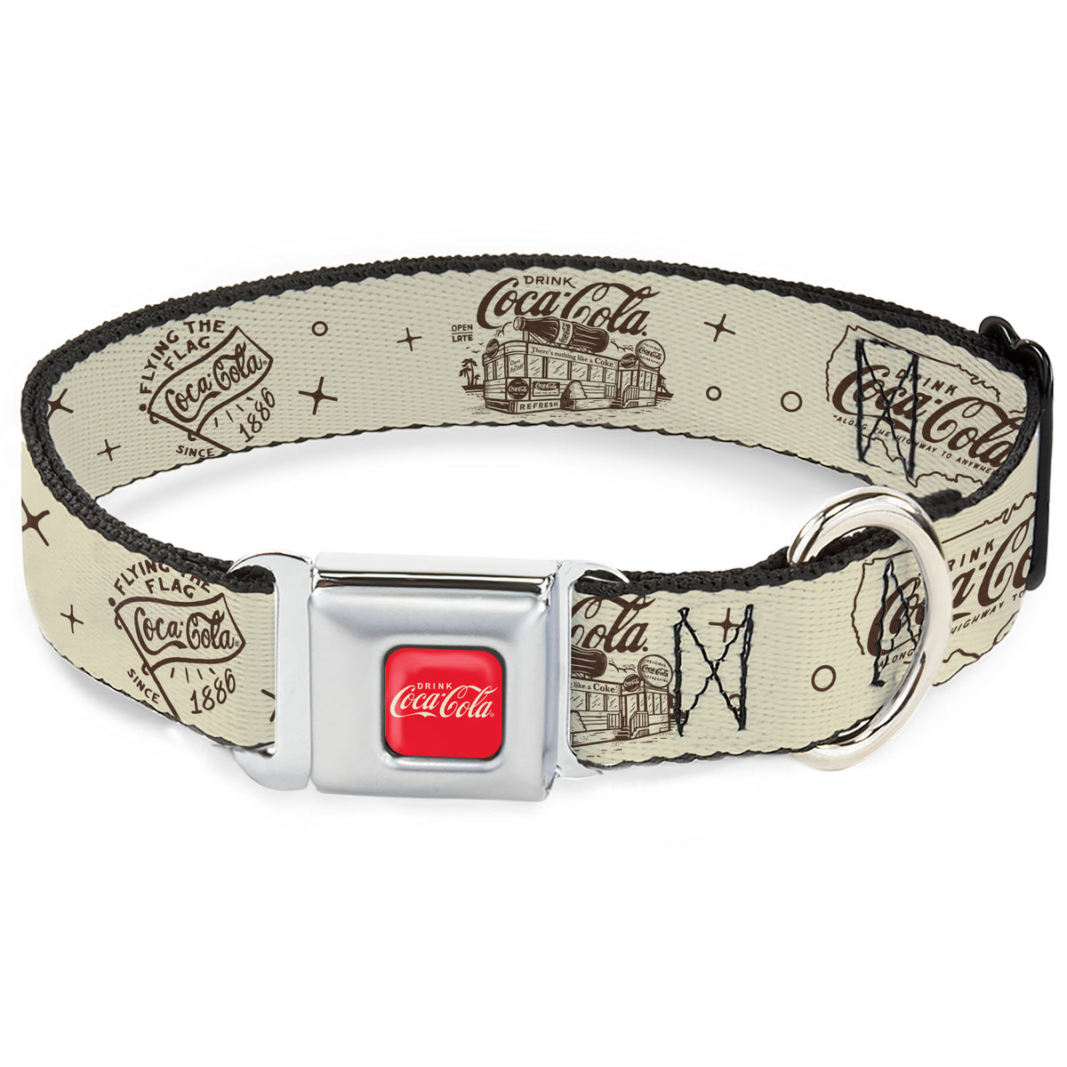 DRINK COCA-COLA Logo Full Color Red/White Seatbelt Buckle Collar - Vintage Coca-Cola Coke Icons and Ad Logos White/Brown Dog Collars Seatbelt Buckle Coca-Cola
