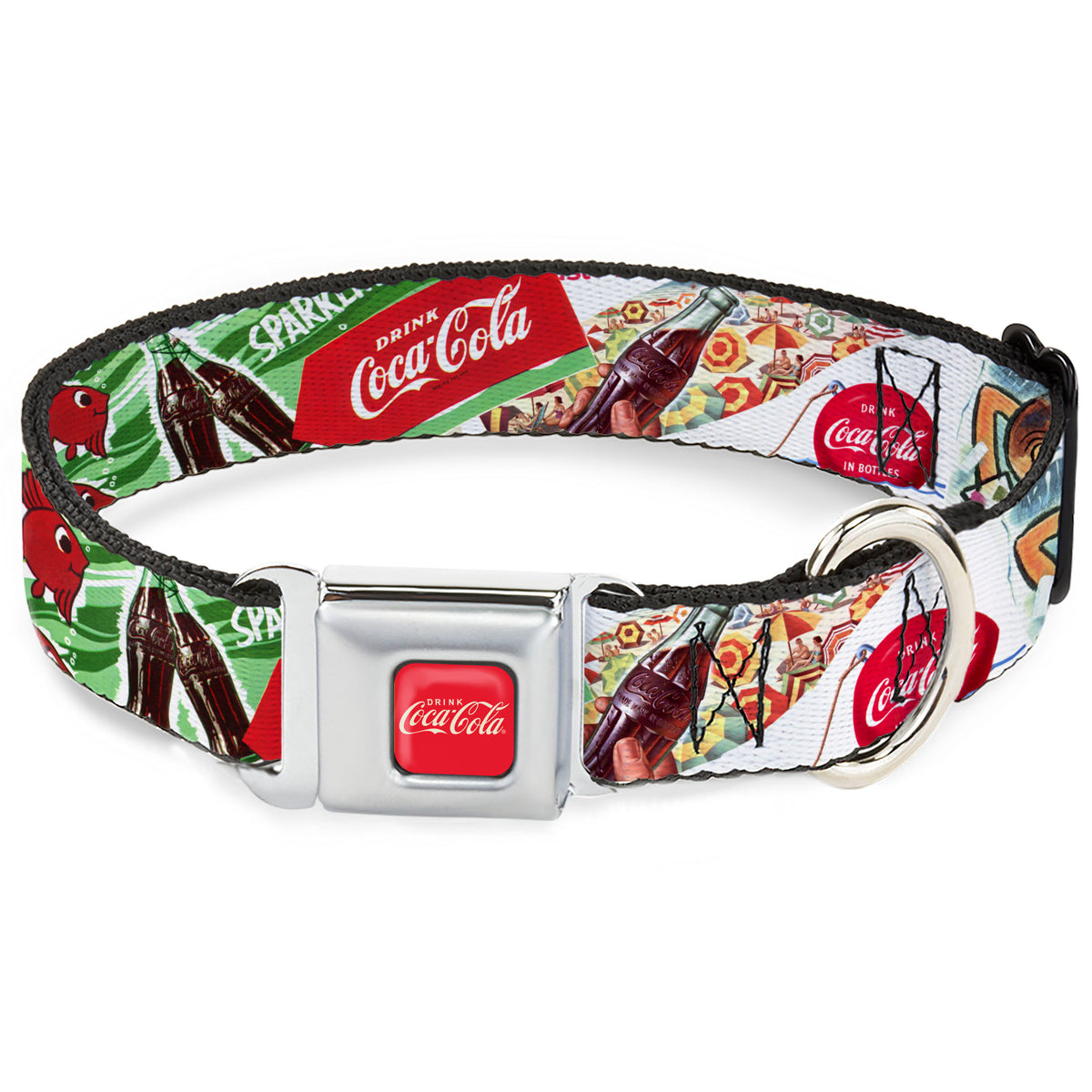 DRINK COCA-COLA Logo Full Color Red/White Seatbelt Buckle Collar - Vintage Coca-Cola GO REFRESHED Ads and Icons Collage Dog Collars Seatbelt Buckle Coca-Cola