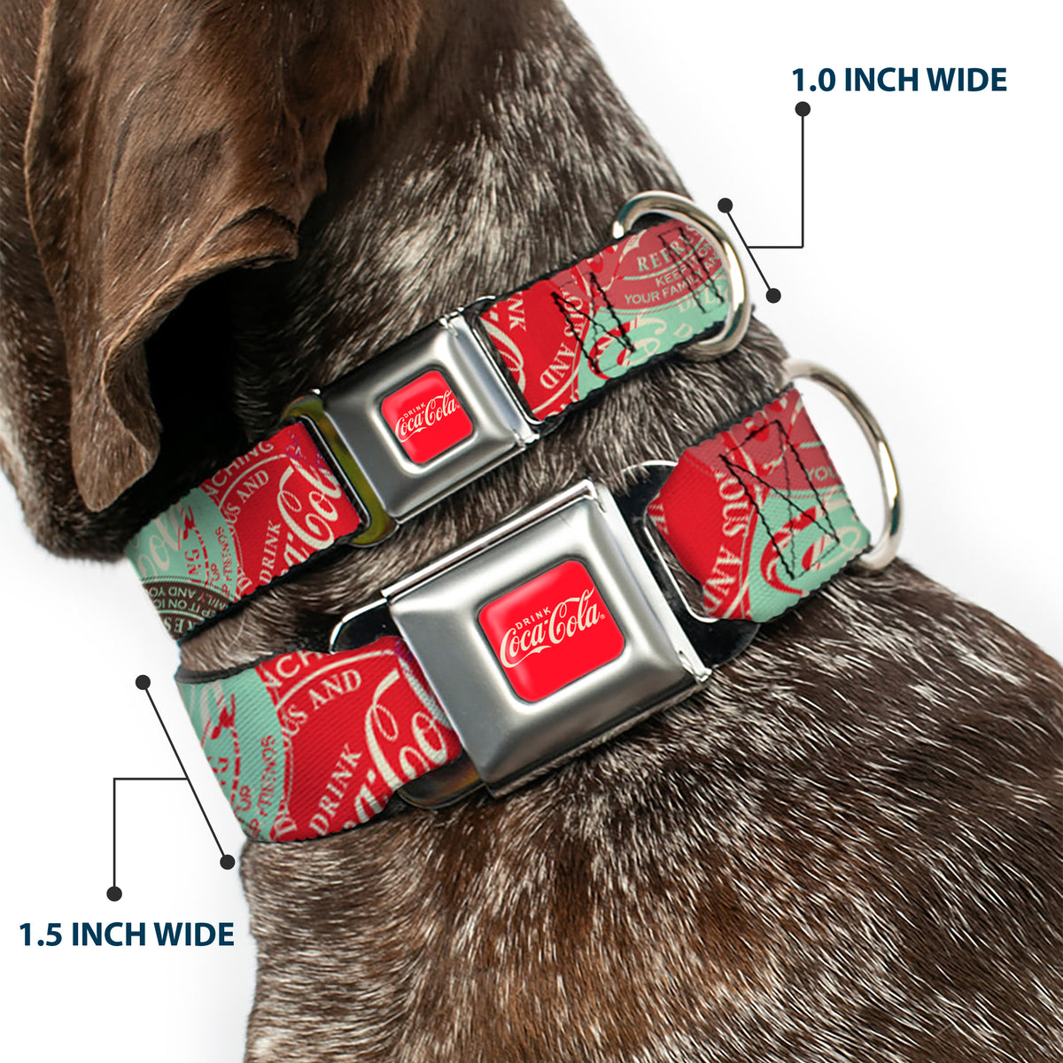 DRINK COCA-COLA Logo Full Color Red/White Seatbelt Buckle Collar - DRINK COCA-COLA Coke Patches Stacked Reds/Multi Color Dog Collars Seatbelt Buckle Coca-Cola