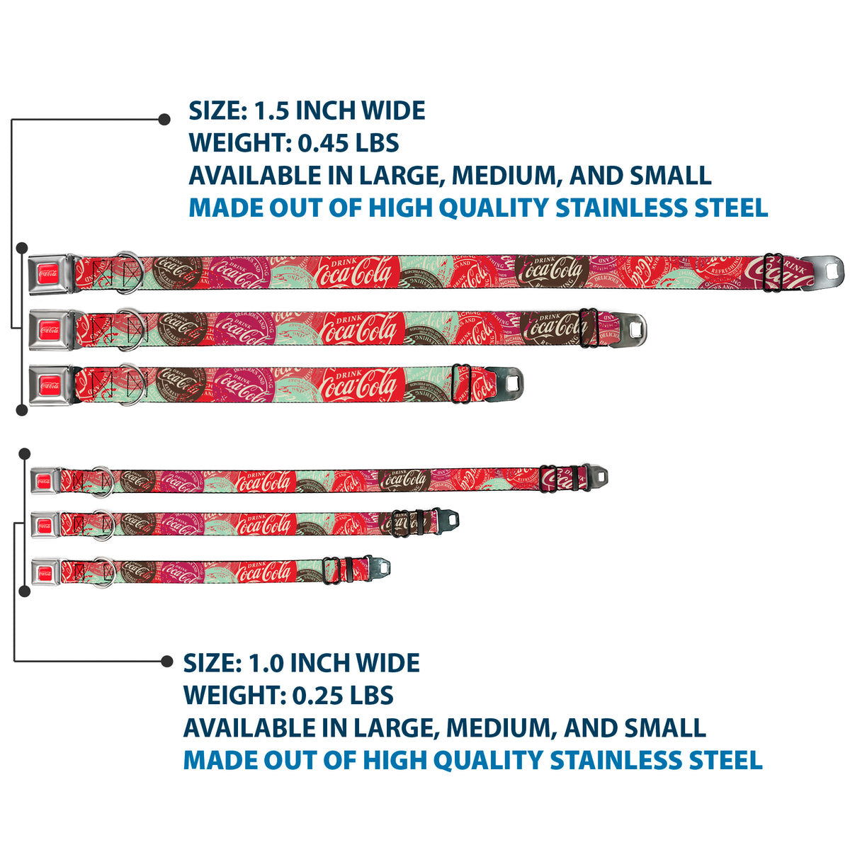 DRINK COCA-COLA Logo Full Color Red/White Seatbelt Buckle Collar - DRINK COCA-COLA Coke Patches Stacked Reds/Multi Color Dog Collars Seatbelt Buckle Coca-Cola