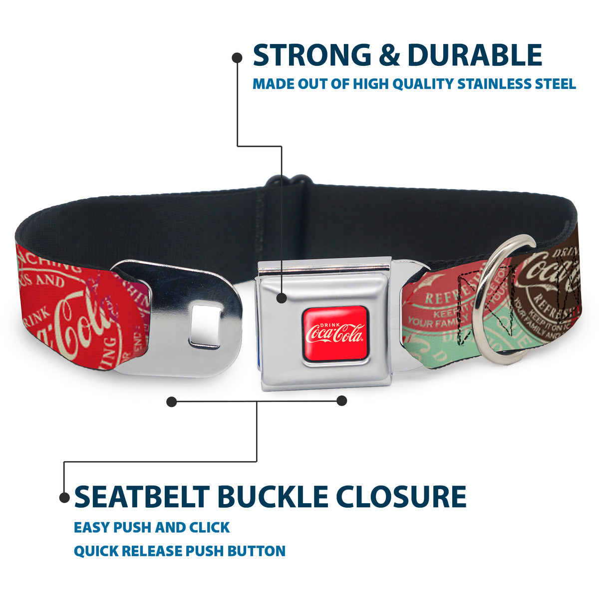 DRINK COCA-COLA Logo Full Color Red/White Seatbelt Buckle Collar - DRINK COCA-COLA Coke Patches Stacked Reds/Multi Color Dog Collars Seatbelt Buckle Coca-Cola