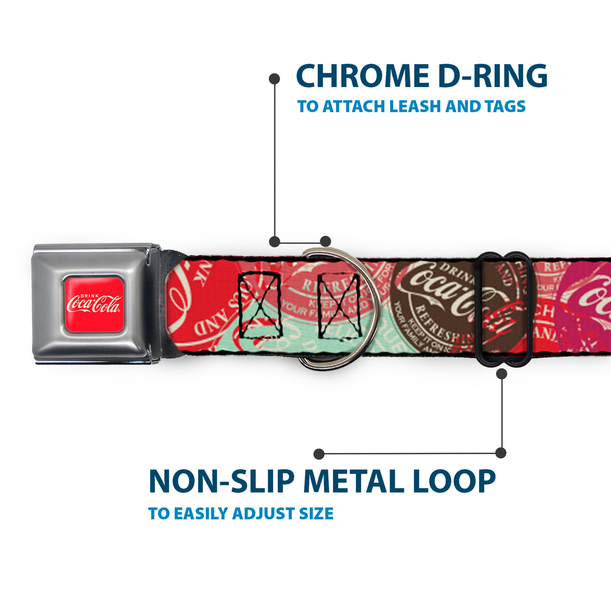 DRINK COCA-COLA Logo Full Color Red/White Seatbelt Buckle Collar - DRINK COCA-COLA Coke Patches Stacked Reds/Multi Color Dog Collars Seatbelt Buckle Coca-Cola