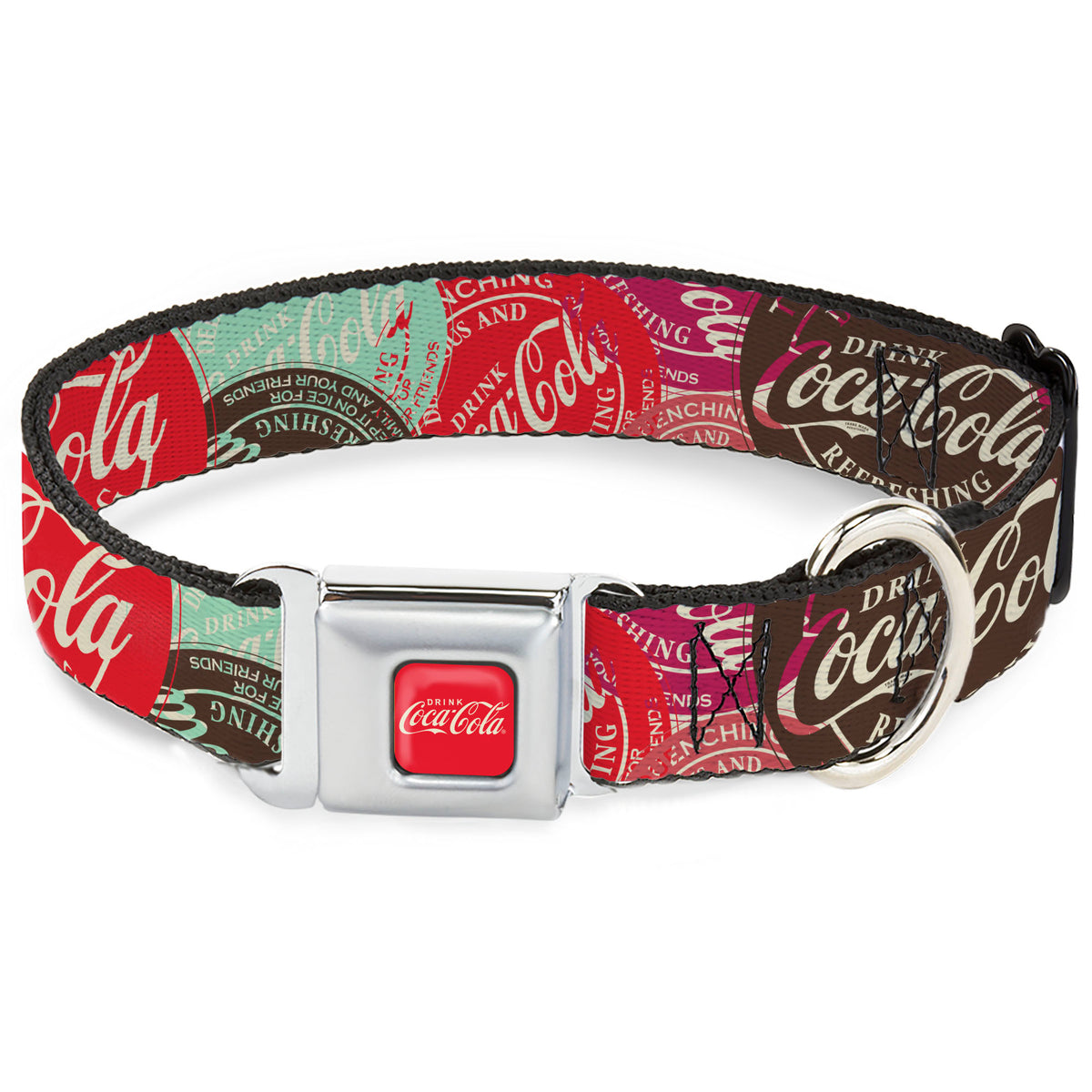 DRINK COCA-COLA Logo Full Color Red/White Seatbelt Buckle Collar - DRINK COCA-COLA Coke Patches Stacked Reds/Multi Color Dog Collars Seatbelt Buckle Coca-Cola