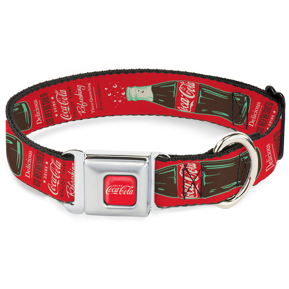 DRINK COCA-COLA Logo Full Color Red/White Seatbelt Buckle Collar - Vintage Coca-Cola DELICIOUS GO REFRESHED Typography and Bottle Red/Brown/White Dog Collars Seatbelt Buckle Coca-Cola