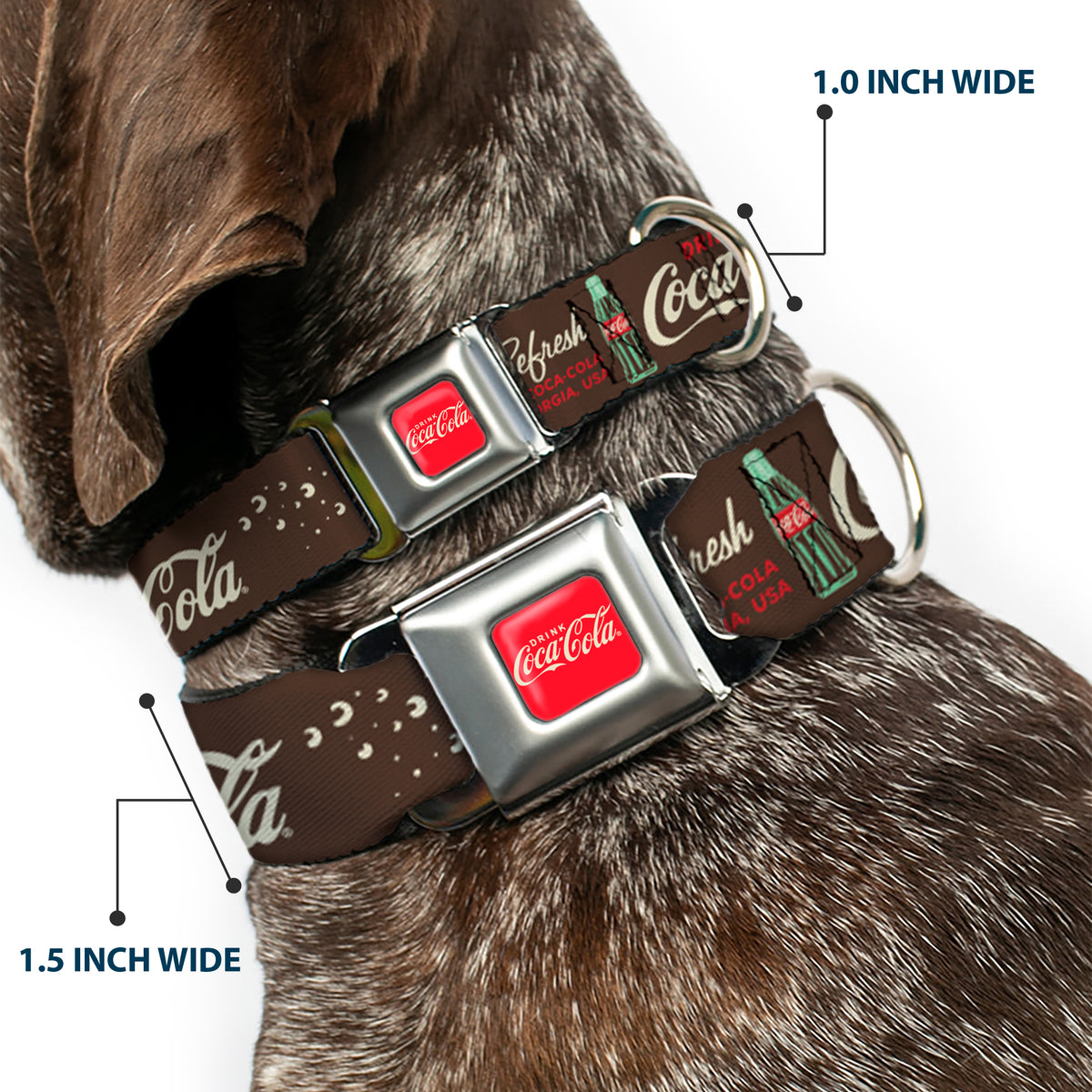 DRINK COCA-COLA Logo Full Color Red/White Seatbelt Buckle Collar - Coca-Cola PAUSE AND REFRESH Typography and Bottle Brown/Red/White Dog Collars Seatbelt Buckle Coca-Cola