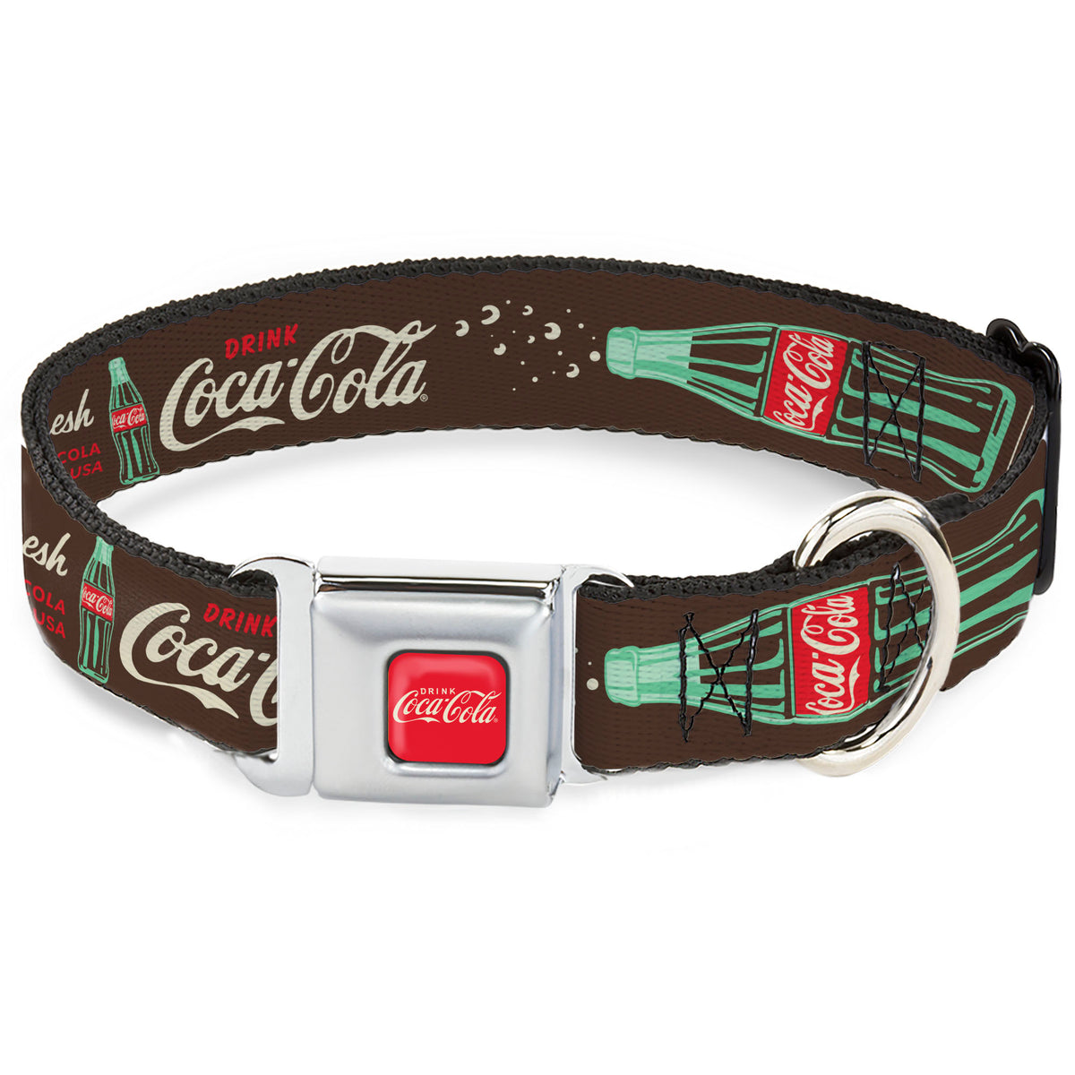 DRINK COCA-COLA Logo Full Color Red/White Seatbelt Buckle Collar - Coca-Cola PAUSE AND REFRESH Typography and Bottle Brown/Red/White Dog Collars Seatbelt Buckle Coca-Cola