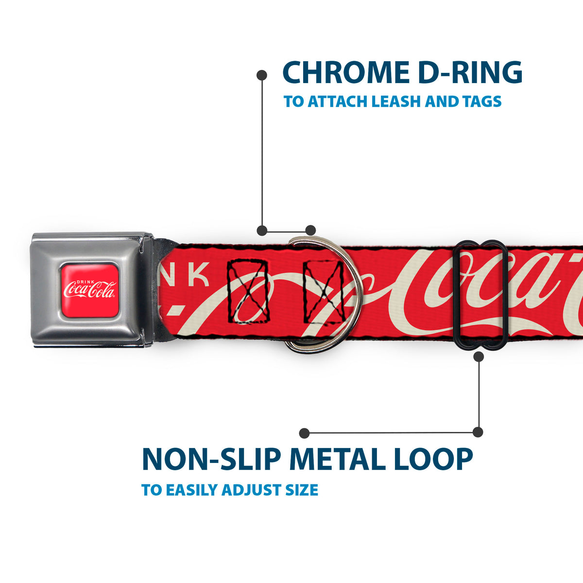 DRINK COCA-COLA Logo Full Color Red/White Seatbelt Buckle Collar - DRINK COCA-COLA Typography Logo Scattered Red/White Dog Collars Seatbelt Buckle Coca-Cola