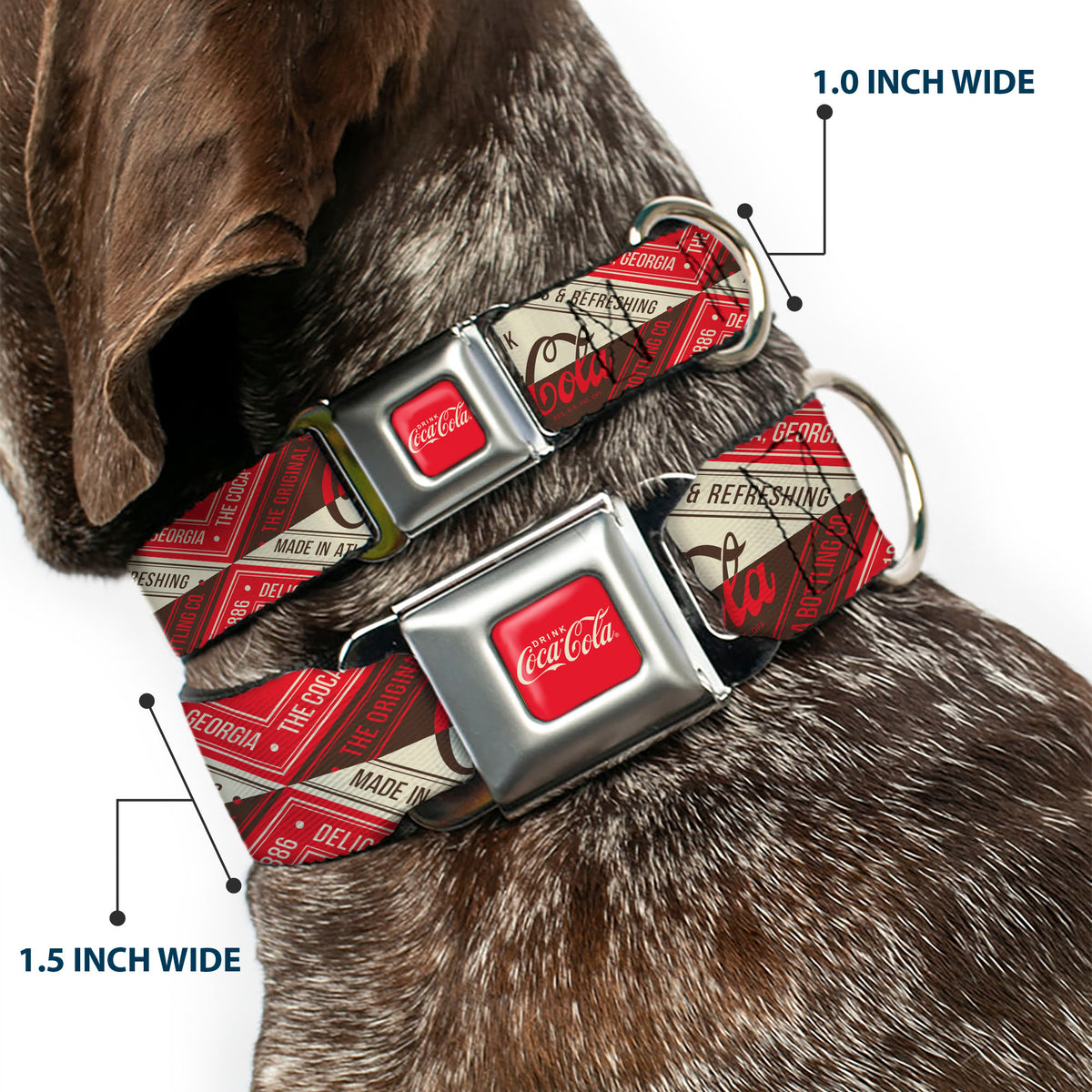 DRINK COCA-COLA Logo Full Color Red/White Seatbelt Buckle Collar - DRINK COCA-COLA Coke Diamond Blocks Red/Brown/Beige Dog Collars Seatbelt Buckle Coca-Cola