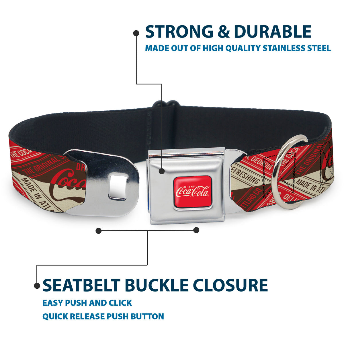 DRINK COCA-COLA Logo Full Color Red/White Seatbelt Buckle Collar - DRINK COCA-COLA Coke Diamond Blocks Red/Brown/Beige Dog Collars Seatbelt Buckle Coca-Cola