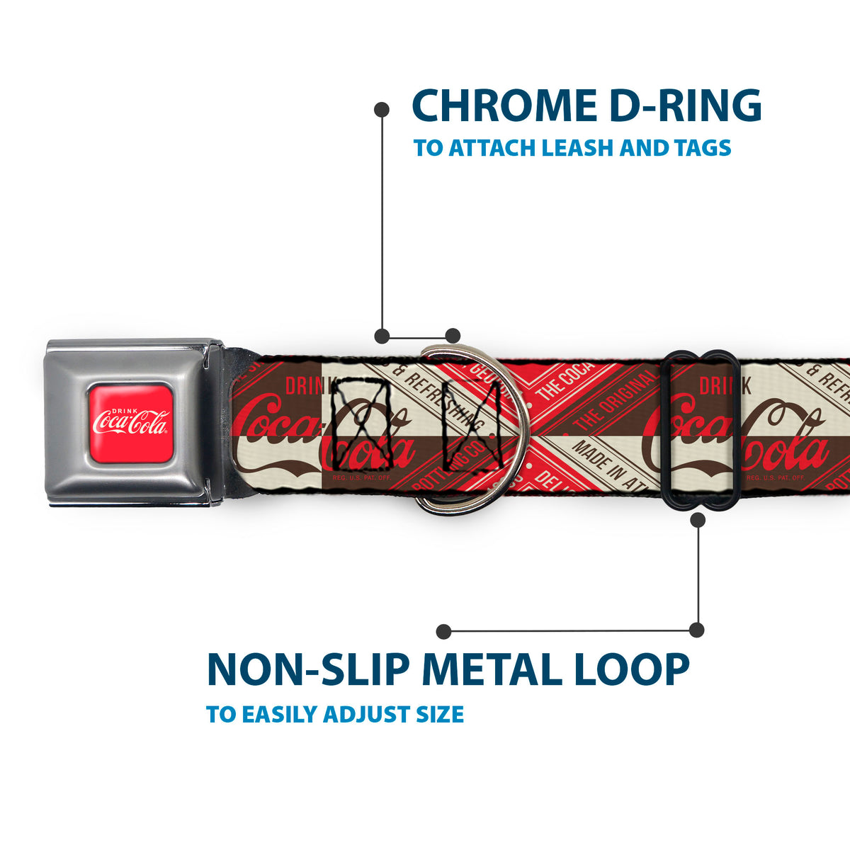 DRINK COCA-COLA Logo Full Color Red/White Seatbelt Buckle Collar - DRINK COCA-COLA Coke Diamond Blocks Red/Brown/Beige Dog Collars Seatbelt Buckle Coca-Cola