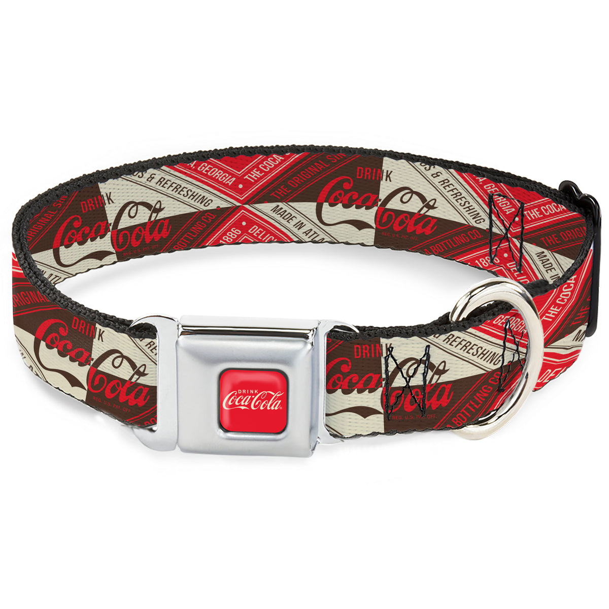 DRINK COCA-COLA Logo Full Color Red/White Seatbelt Buckle Collar - DRINK COCA-COLA Coke Diamond Blocks Red/Brown/Beige Dog Collars Seatbelt Buckle Coca-Cola