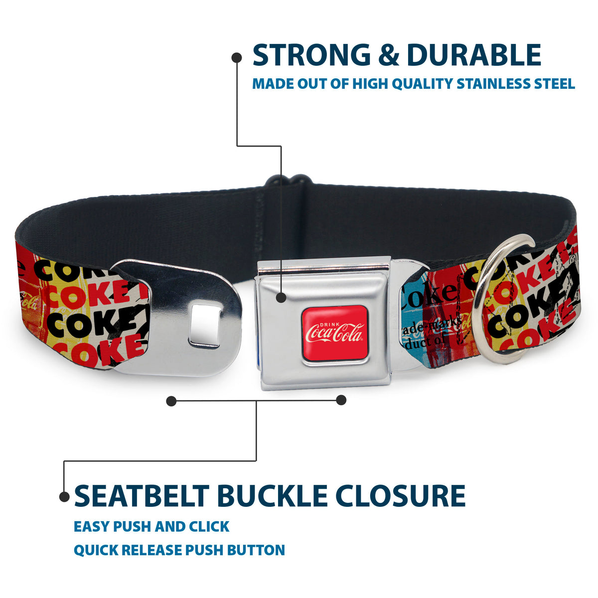 DRINK COCA-COLA Logo Full Color Red/White Seatbelt Buckle Collar - COKE IS IT! Pop Art Collage Multi Color Dog Collars Seatbelt Buckle Coca-Cola