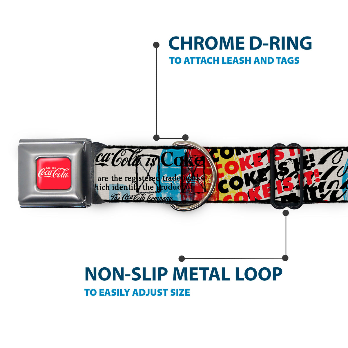 DRINK COCA-COLA Logo Full Color Red/White Seatbelt Buckle Collar - COKE IS IT! Pop Art Collage Multi Color Dog Collars Seatbelt Buckle Coca-Cola