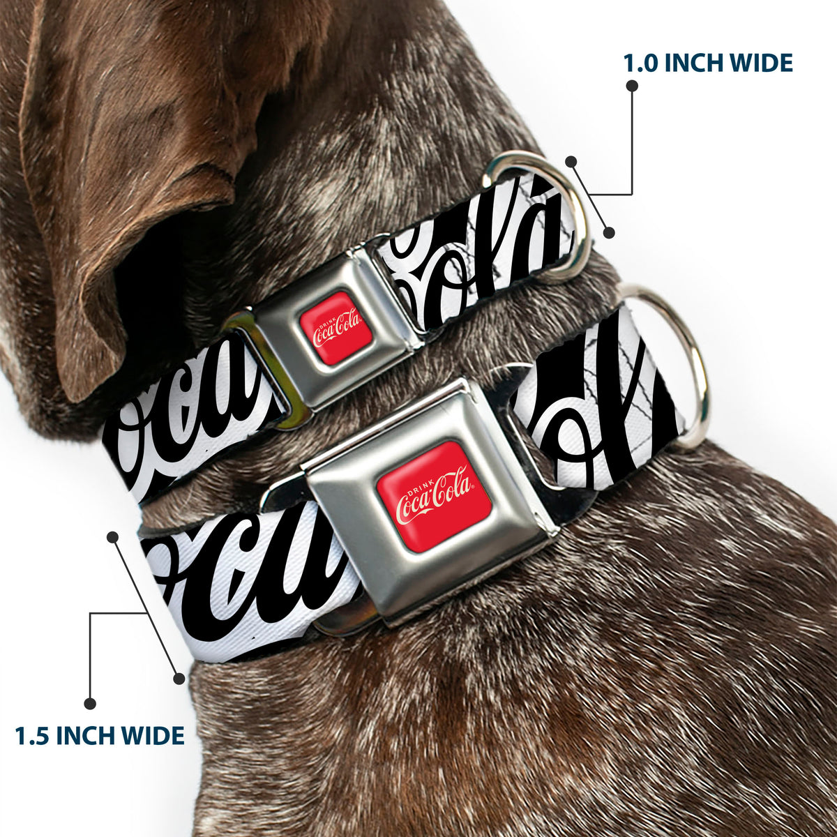 DRINK COCA-COLA Logo Full Color Red/White Seatbelt Buckle Collar - COCA-COLA COKE Typography IT'S THE REAL THING Black/White Dog Collars Seatbelt Buckle Coca-Cola
