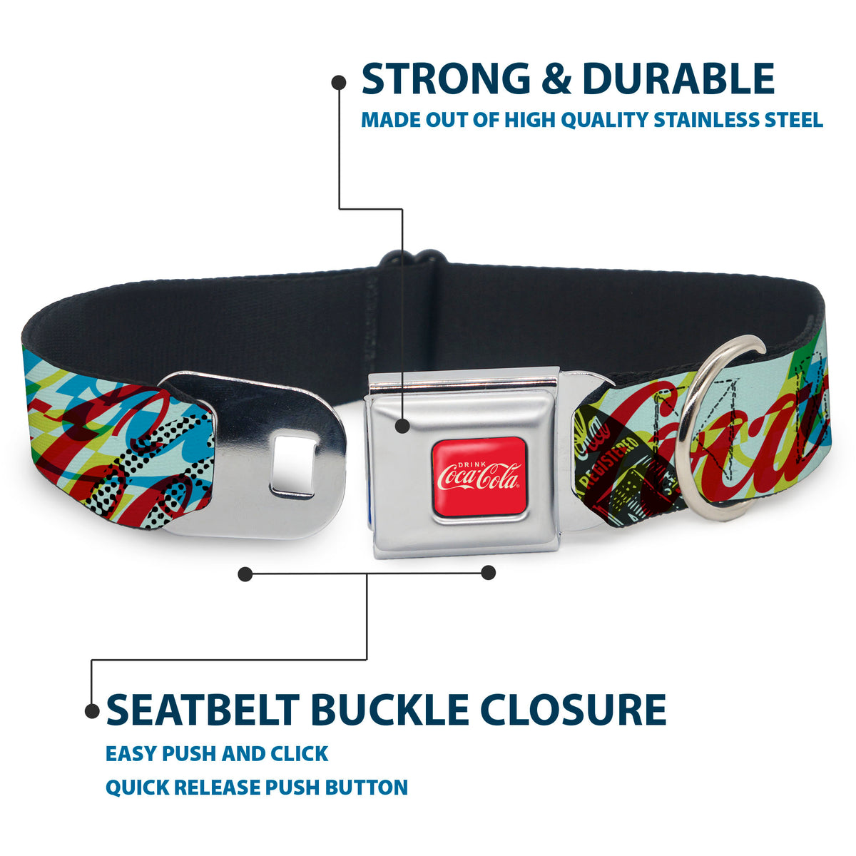 DRINK COCA-COLA Logo Full Color Red/White Seatbelt Buckle Collar - COCA-COLA COKE Logos and Bottle Pop Art Multi Color Dog Collars Seatbelt Buckle Coca-Cola
