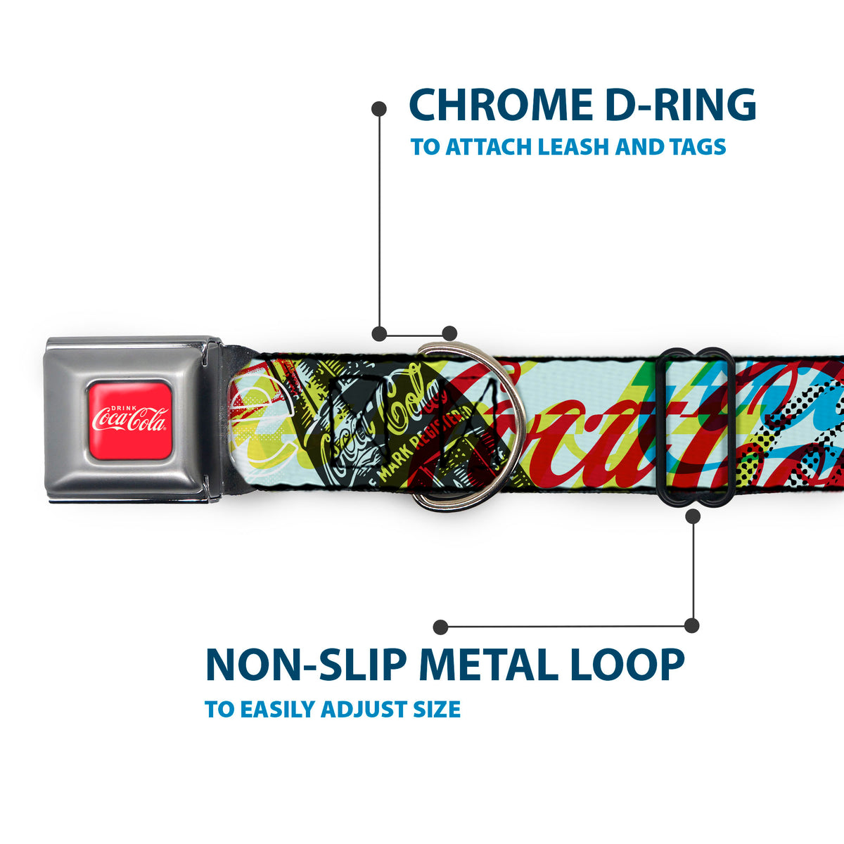 DRINK COCA-COLA Logo Full Color Red/White Seatbelt Buckle Collar - COCA-COLA COKE Logos and Bottle Pop Art Multi Color Dog Collars Seatbelt Buckle Coca-Cola