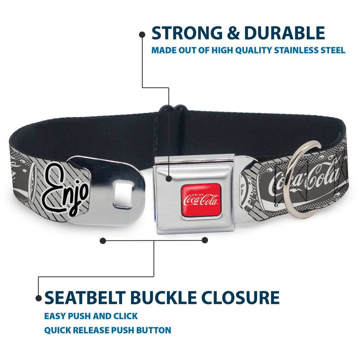 DRINK COCA-COLA Logo Full Color Red/White Seatbelt Buckle Collar - Coca-Cola ENJOY REFRESH Can and Bottle Grays/White/Black Dog Collars Seatbelt Buckle Coca-Cola