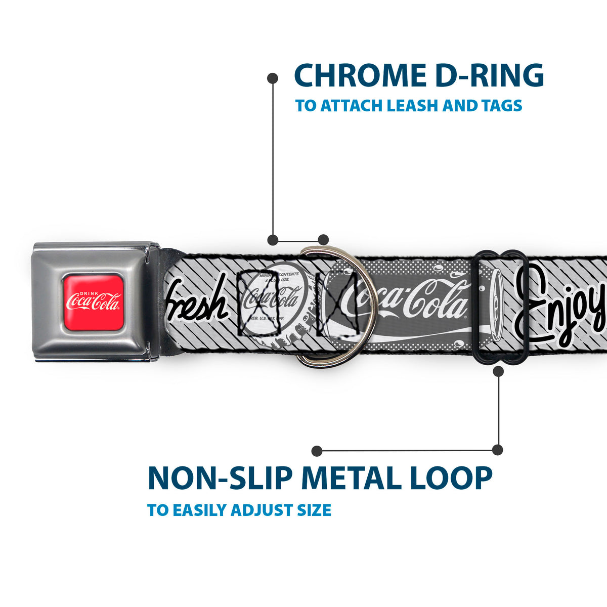 DRINK COCA-COLA Logo Full Color Red/White Seatbelt Buckle Collar - Coca-Cola ENJOY REFRESH Can and Bottle Grays/White/Black Dog Collars Seatbelt Buckle Coca-Cola