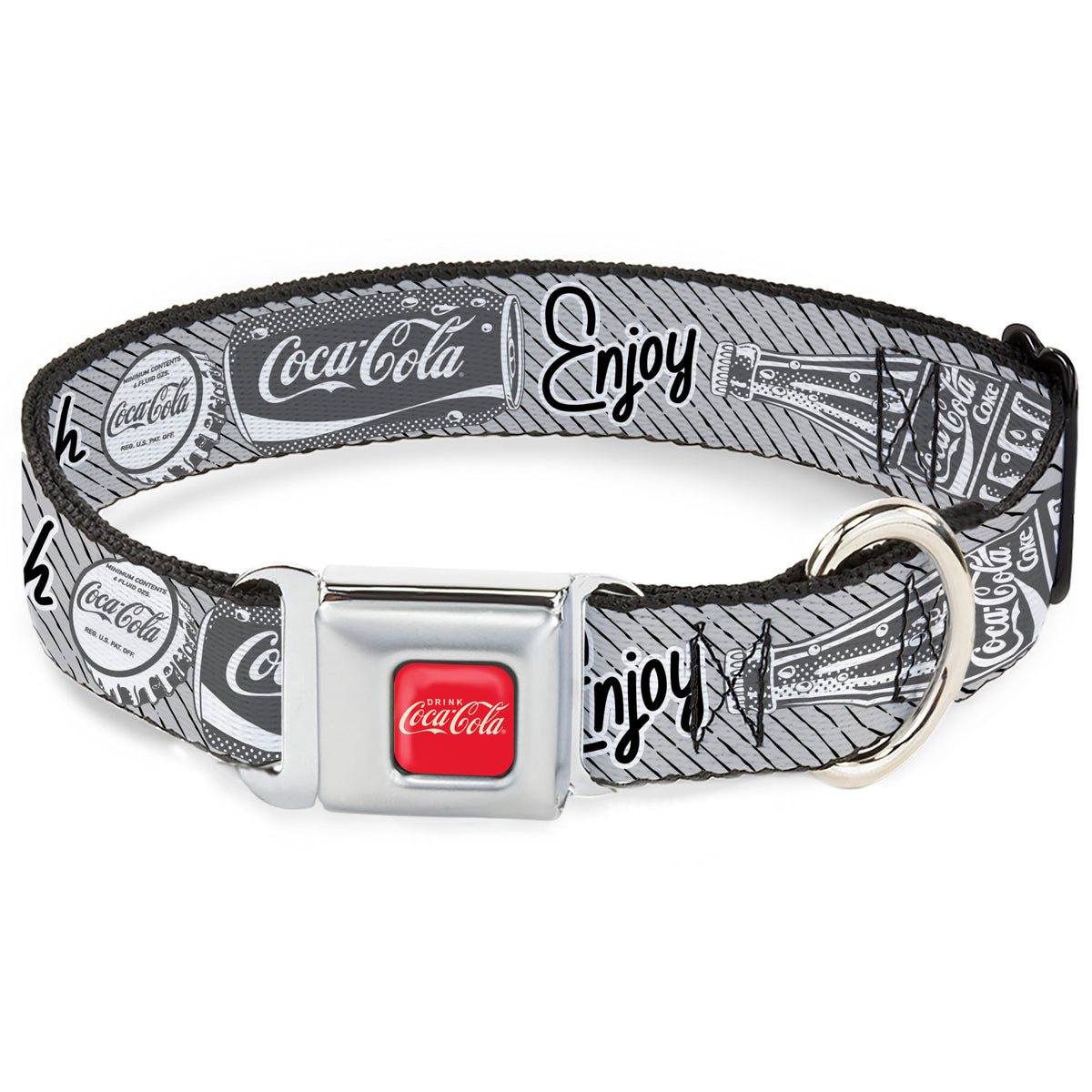 DRINK COCA-COLA Logo Full Color Red/White Seatbelt Buckle Collar - Coca-Cola ENJOY REFRESH Can and Bottle Grays/White/Black Dog Collars Seatbelt Buckle Coca-Cola