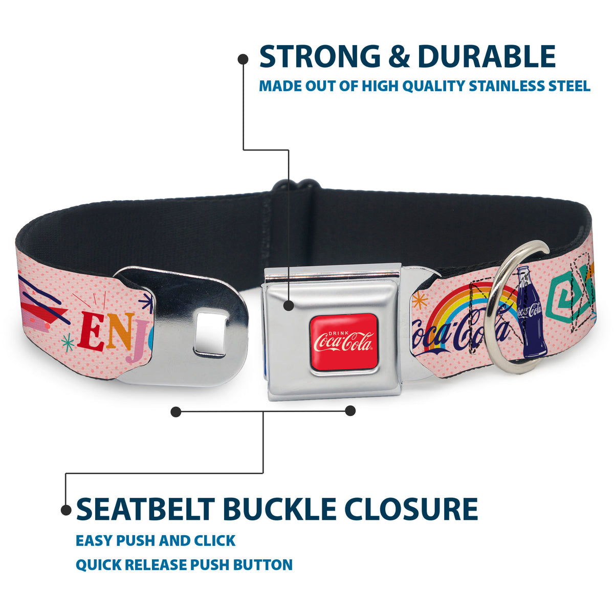 DRINK COCA-COLA Logo Full Color Red/White Seatbelt Buckle Collar - Coca-Cola ENJOY Vibrant Icons Collage Pinks/Multi Color Dog Collars Seatbelt Buckle Coca-Cola