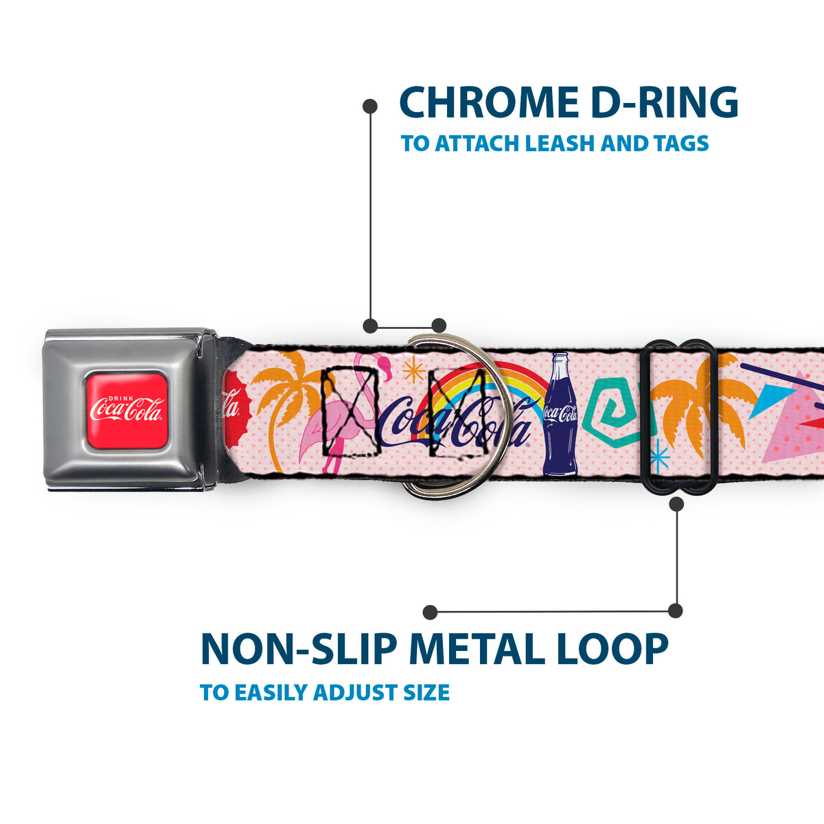 DRINK COCA-COLA Logo Full Color Red/White Seatbelt Buckle Collar - Coca-Cola ENJOY Vibrant Icons Collage Pinks/Multi Color Dog Collars Seatbelt Buckle Coca-Cola