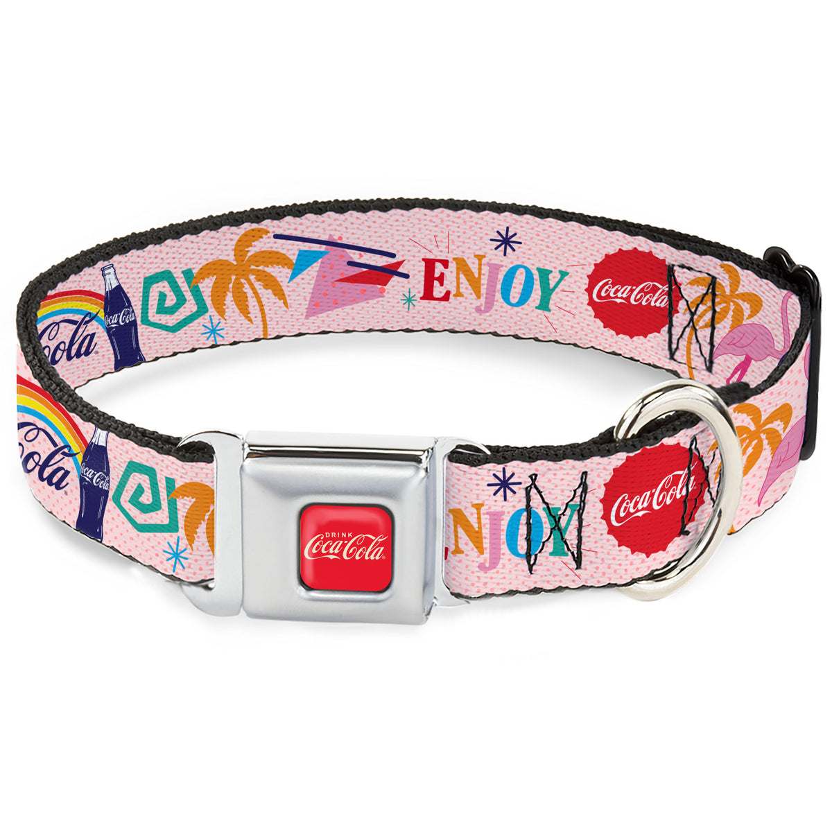 DRINK COCA-COLA Logo Full Color Red/White Seatbelt Buckle Collar - Coca-Cola ENJOY Vibrant Icons Collage Pinks/Multi Color Dog Collars Seatbelt Buckle Coca-Cola
