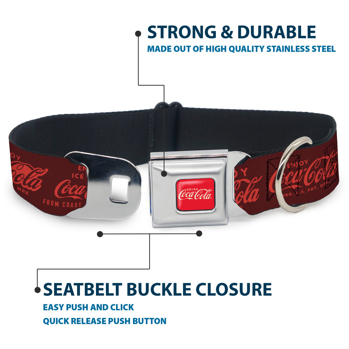 DRINK COCA-COLA Logo Full Color Red/White Seatbelt Buckle Collar - ENJOY COCA-COLA Logos Brown/Red Dog Collars Seatbelt Buckle Coca-Cola