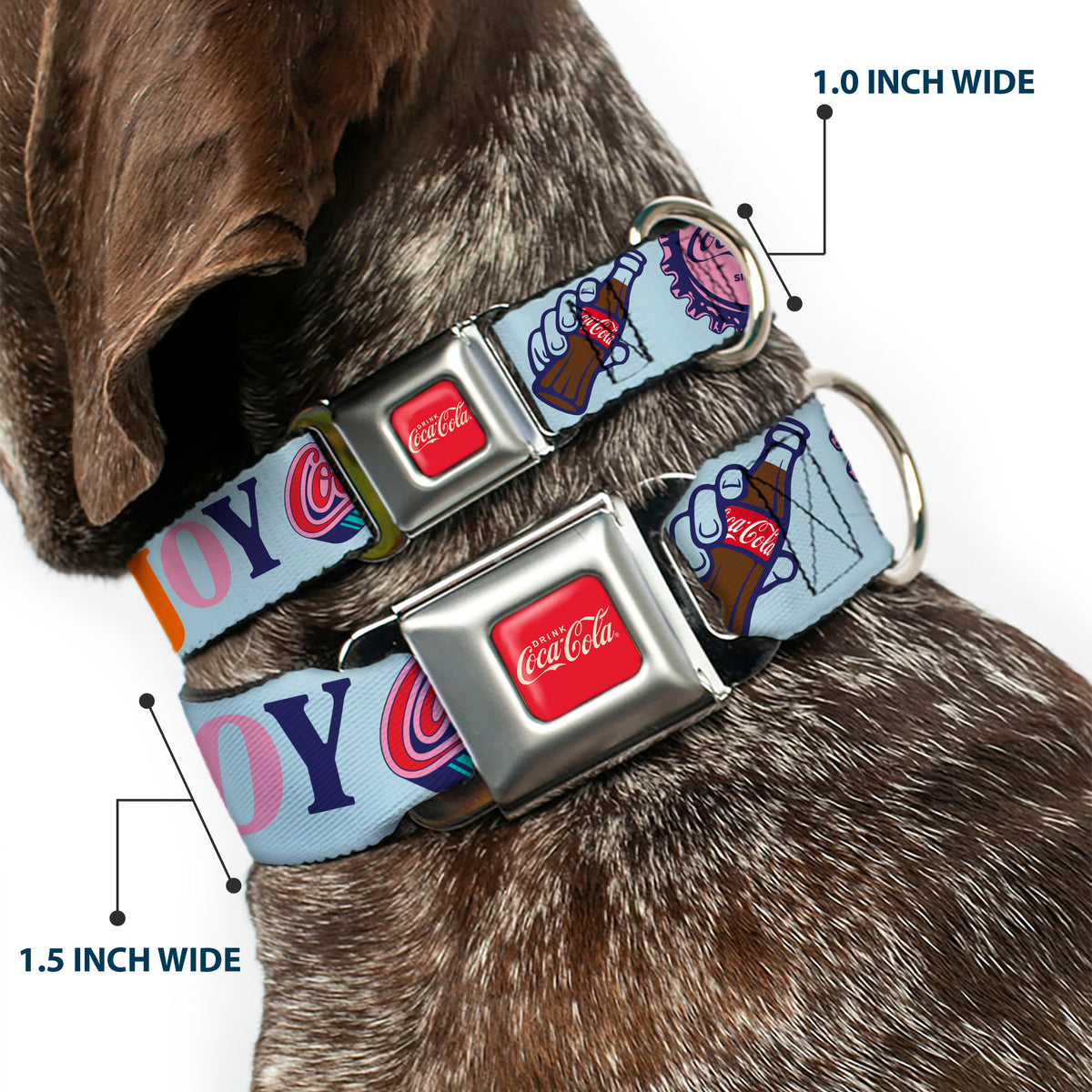 DRINK COCA-COLA Logo Full Color Red/White Seatbelt Buckle Collar - COCA-COLA DELICIOUS REFRESHING ENJOY Bottle Caps Light Blue/Multi Color Dog Collars Seatbelt Buckle Coca-Cola