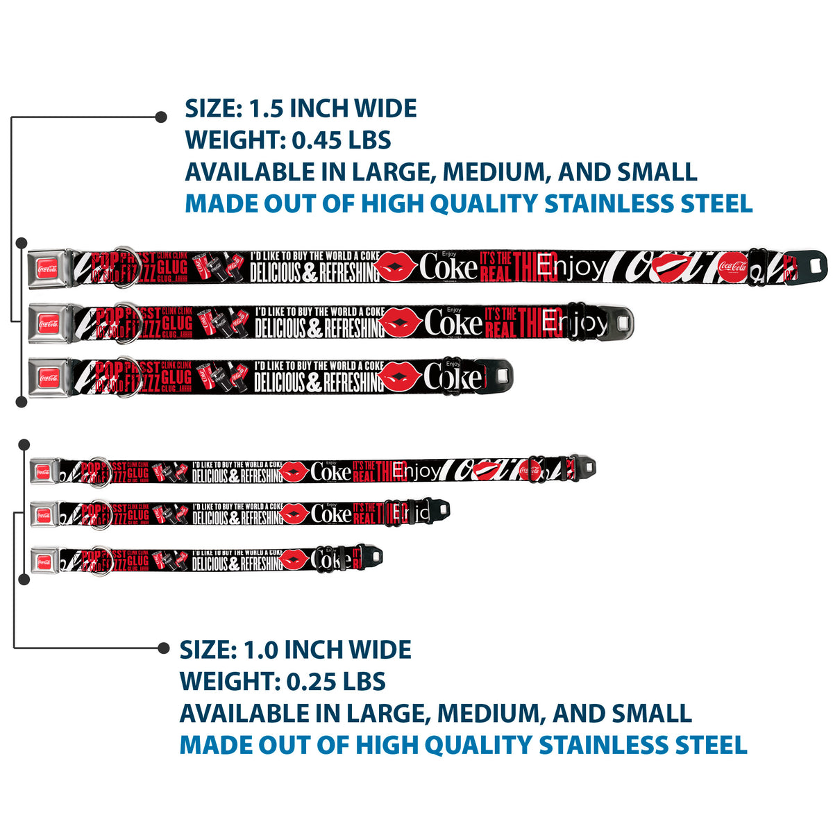 COCA-COLA Script Logo Full Color Red/White Seatbelt Buckle Collar - Coca-Cola ENJOY COKE IT'S THE REAL THING Kiss Black/White/Red Dog Collars Seatbelt Buckle Coca-Cola