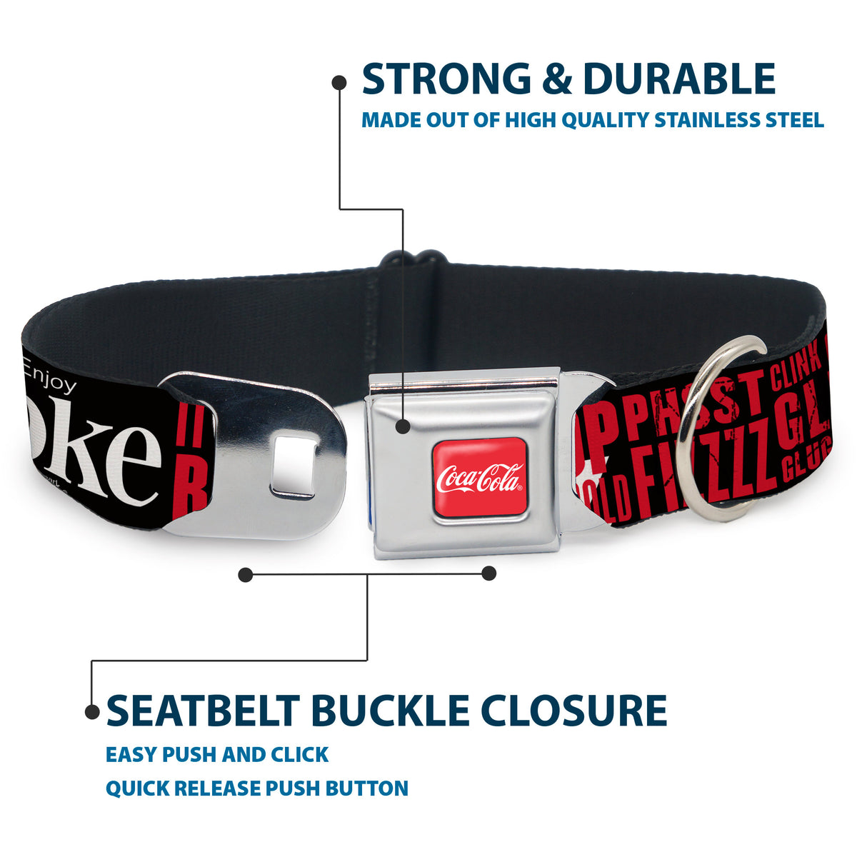 COCA-COLA Script Logo Full Color Red/White Seatbelt Buckle Collar - Coca-Cola ENJOY COKE IT'S THE REAL THING Kiss Black/White/Red Dog Collars Seatbelt Buckle Coca-Cola