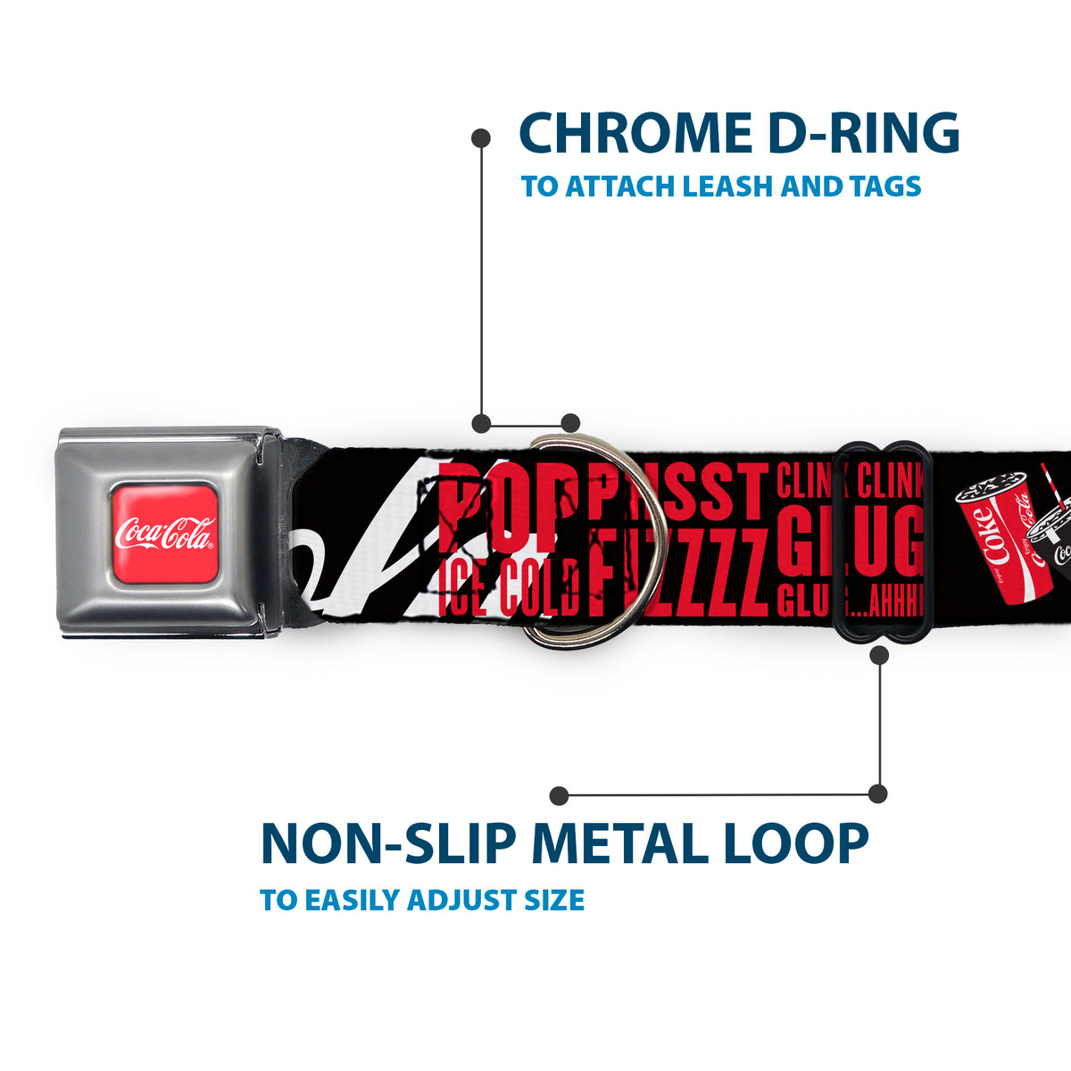 COCA-COLA Script Logo Full Color Red/White Seatbelt Buckle Collar - Coca-Cola ENJOY COKE IT'S THE REAL THING Kiss Black/White/Red Dog Collars Seatbelt Buckle Coca-Cola
