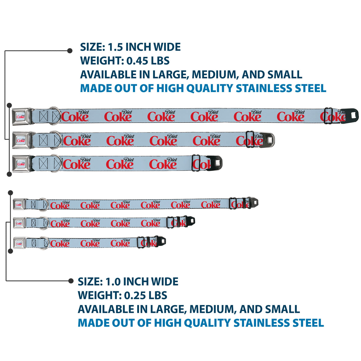 DIET COKE Logo Full Color Light Gray Seatbelt Buckle Collar - DIET COKE Logo Light Gray/Black/Red Dog Collars Seatbelt Buckle Coca-Cola
