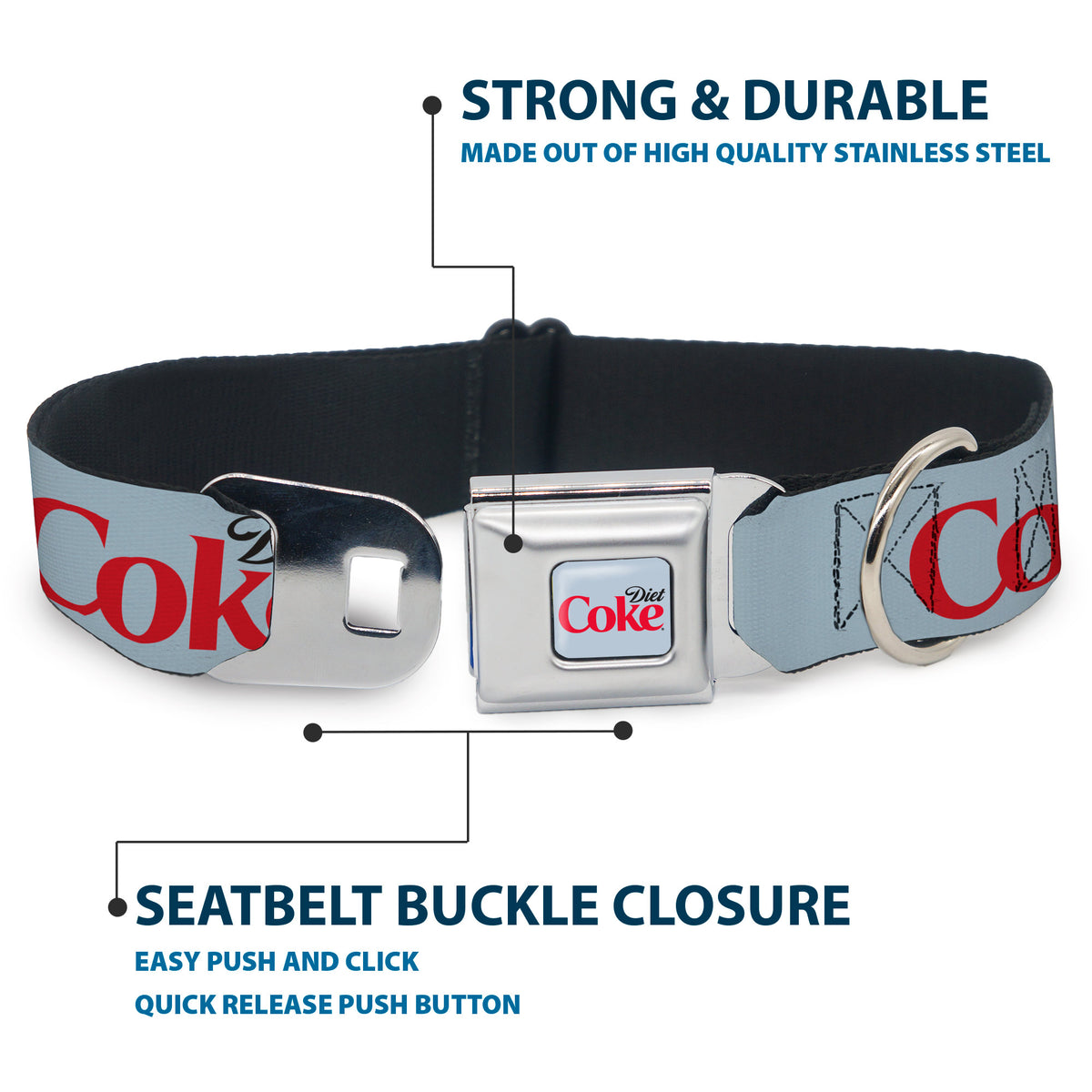 DIET COKE Logo Full Color Light Gray Seatbelt Buckle Collar - DIET COKE Logo Light Gray/Black/Red Dog Collars Seatbelt Buckle Coca-Cola