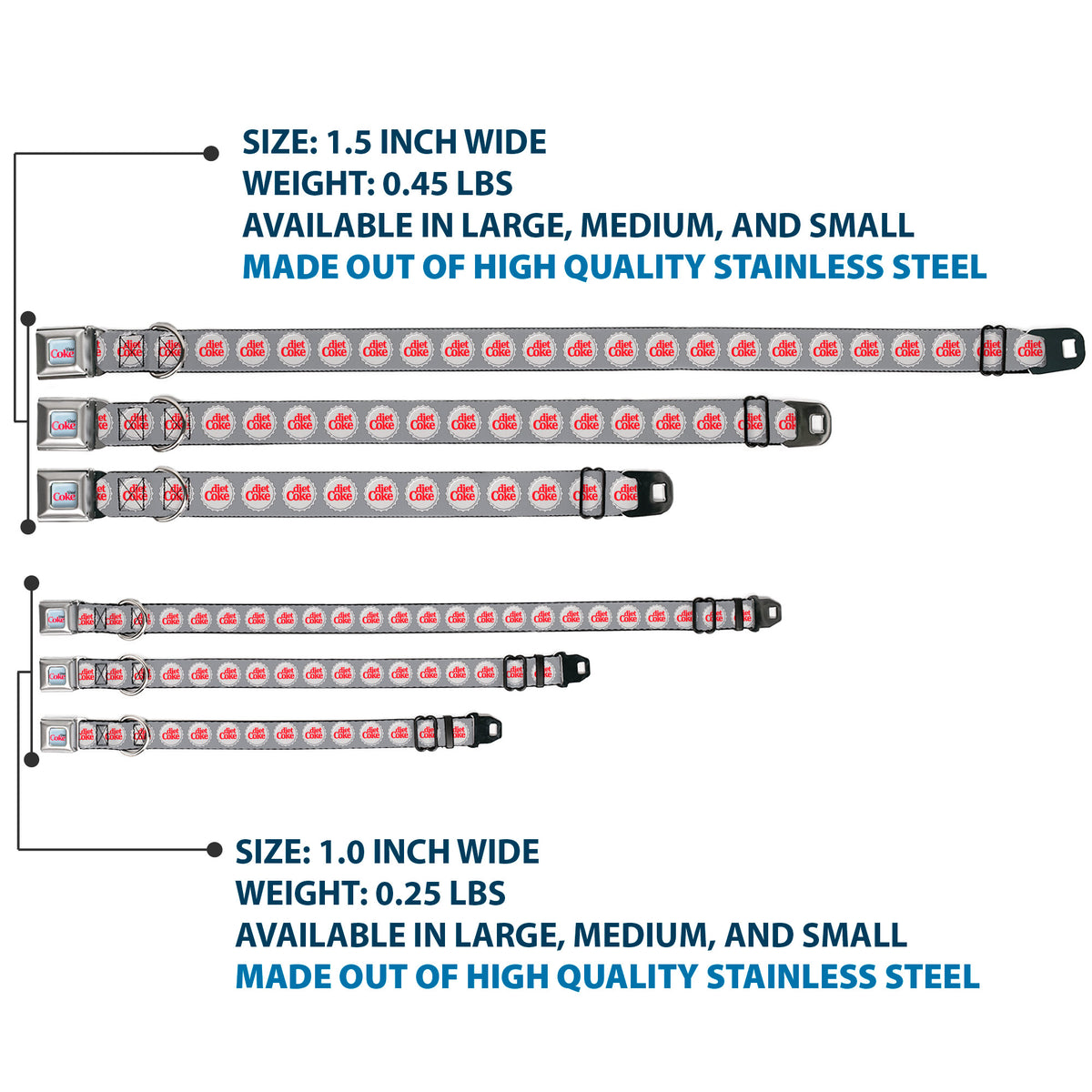 DIET COKE Logo Full Color Light Gray Seatbelt Buckle Collar - DIET COKE Bottle Caps Grays/White/Red Dog Collars Seatbelt Buckle Coca-Cola